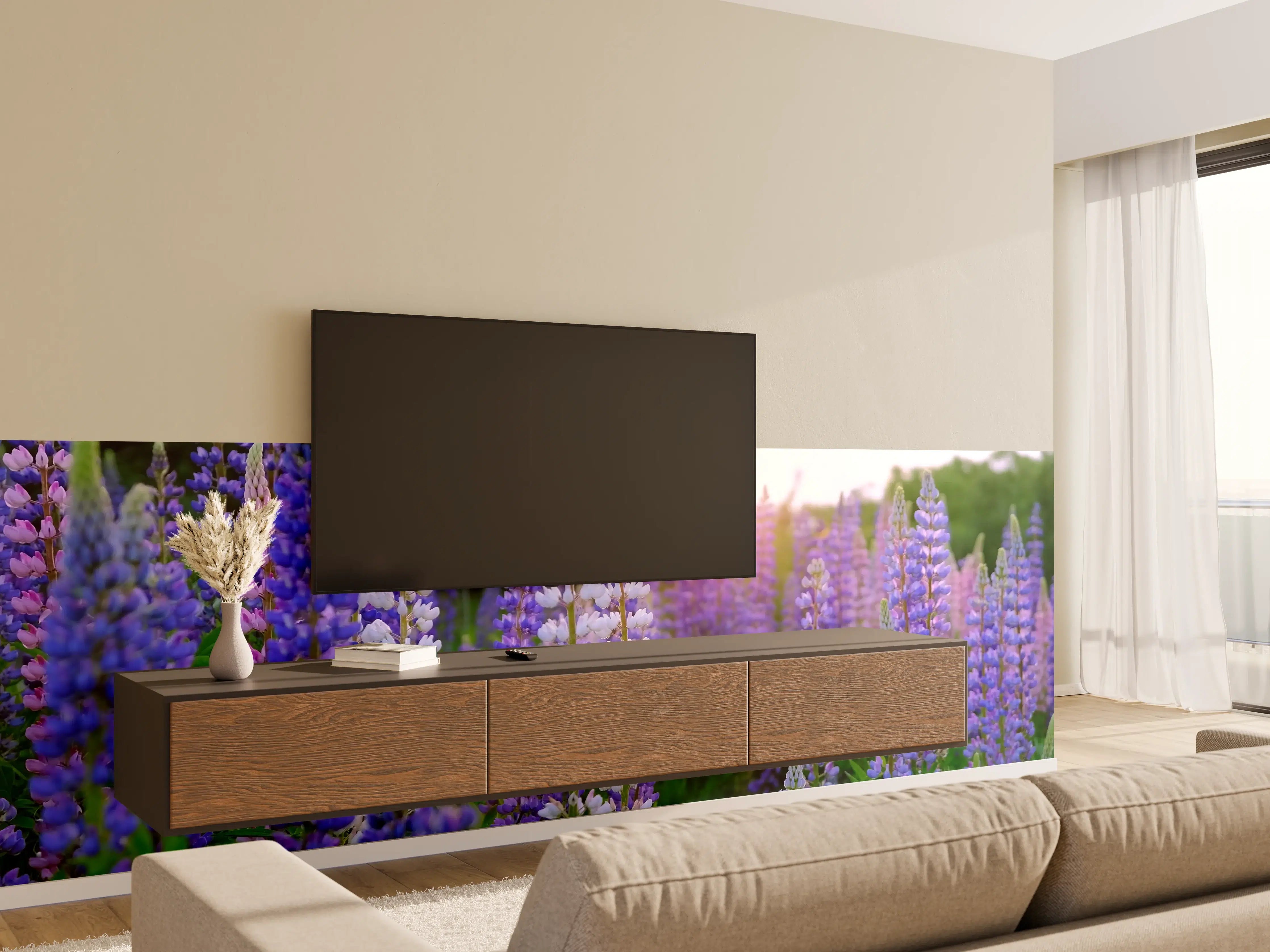 Wandverkleidung Wohnzimmer - Blaue Lupinen im Sonnenuntergang