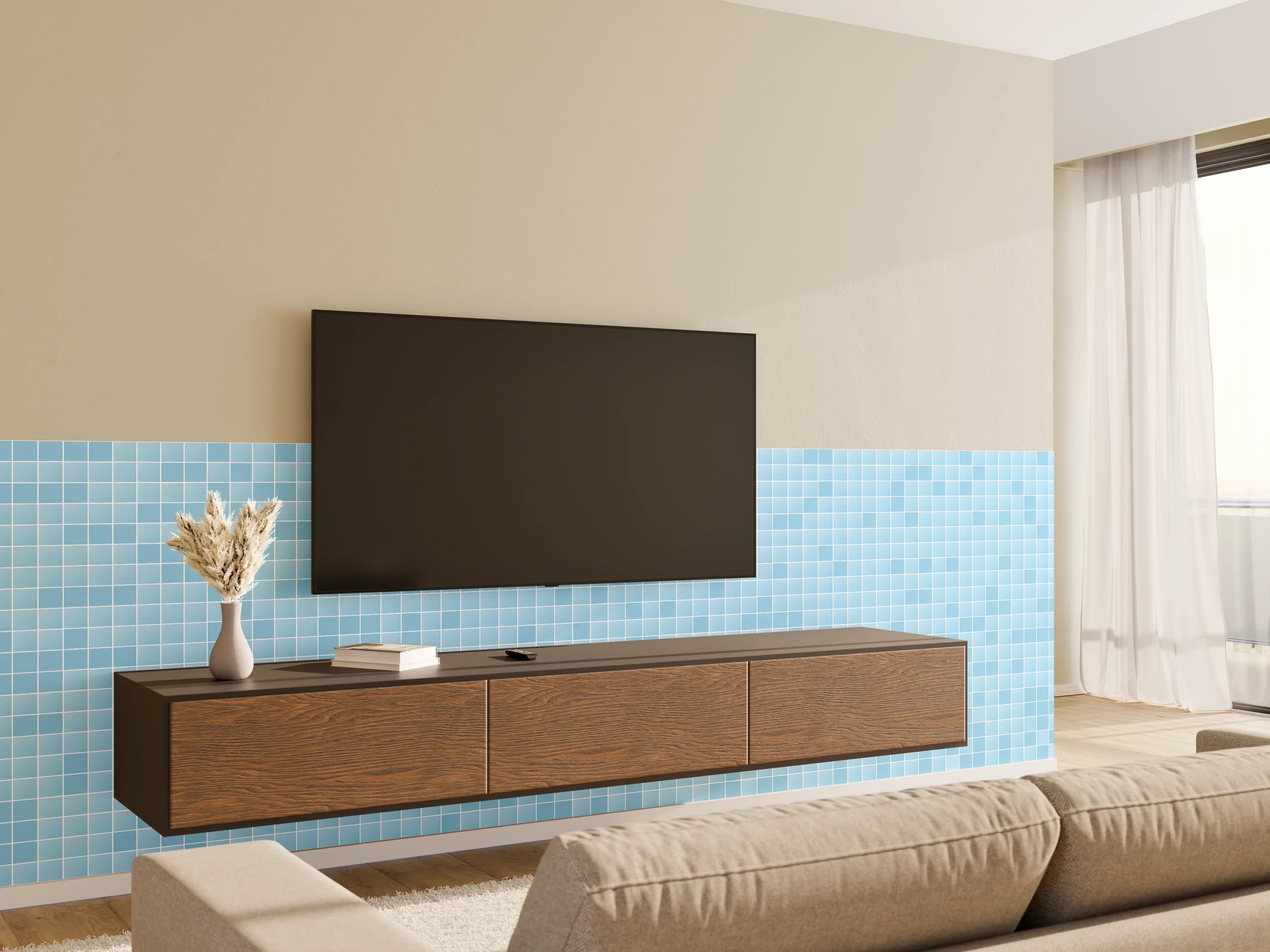 Wandverkleidung Wohnzimmer - Blaue Mosaikfliesen im Poolbereich