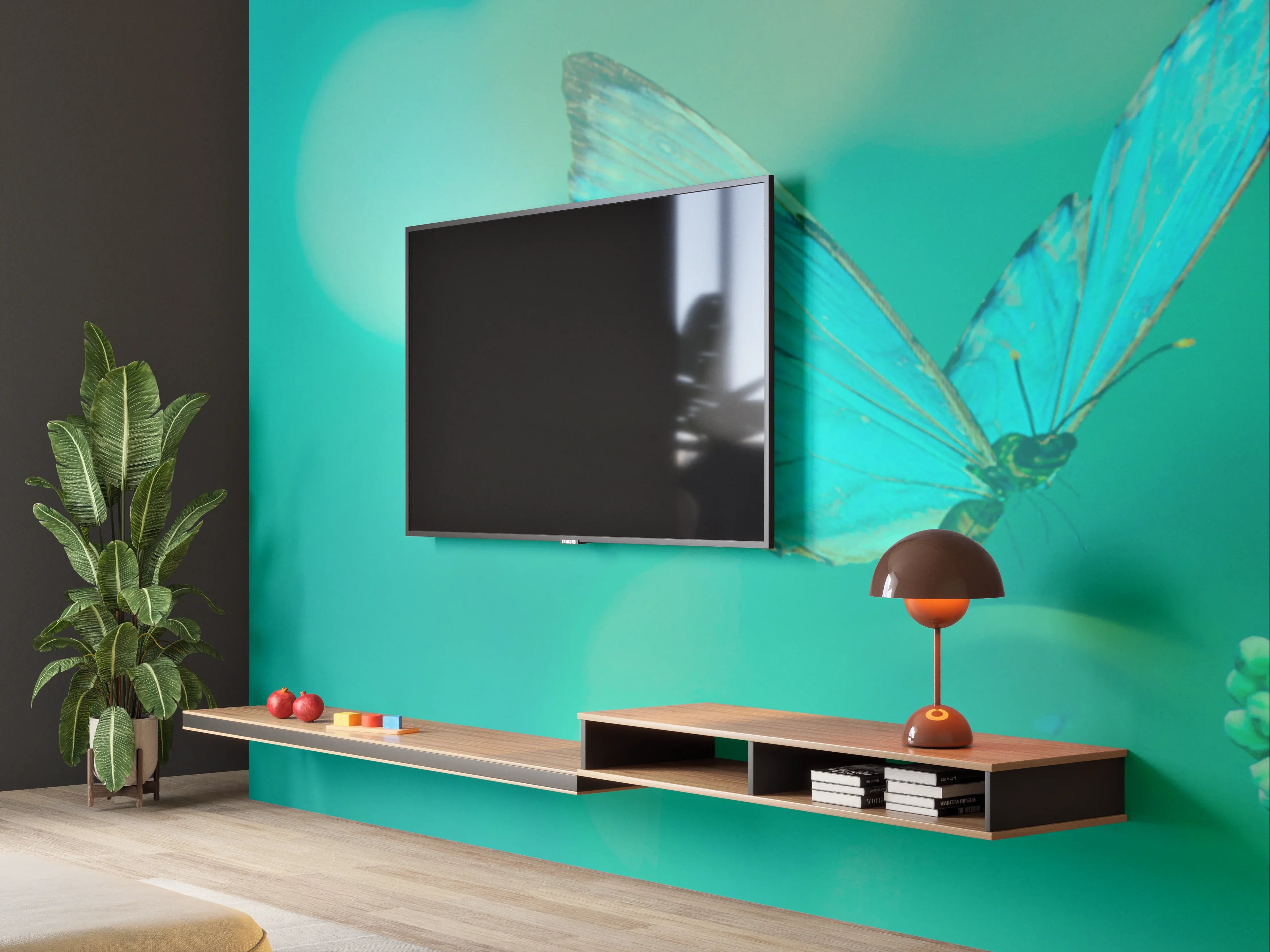 Wandverkleidung Wohnzimmer - Blaue Schmetterlinge und Blumen in sanfter Umgebung