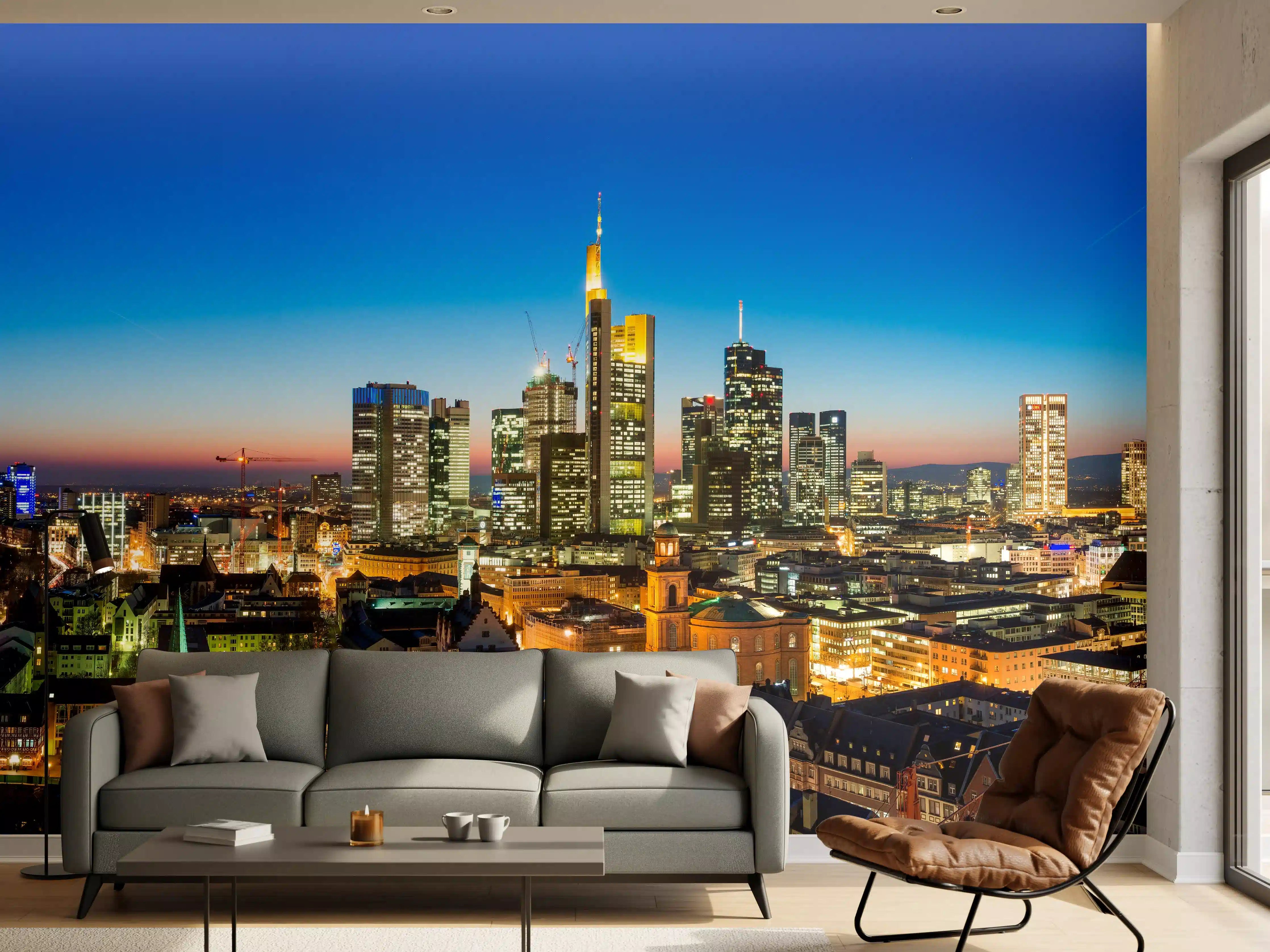 Wandverkleidung Wohnzimmer - Blaue Skyline bei Abenddämmerung