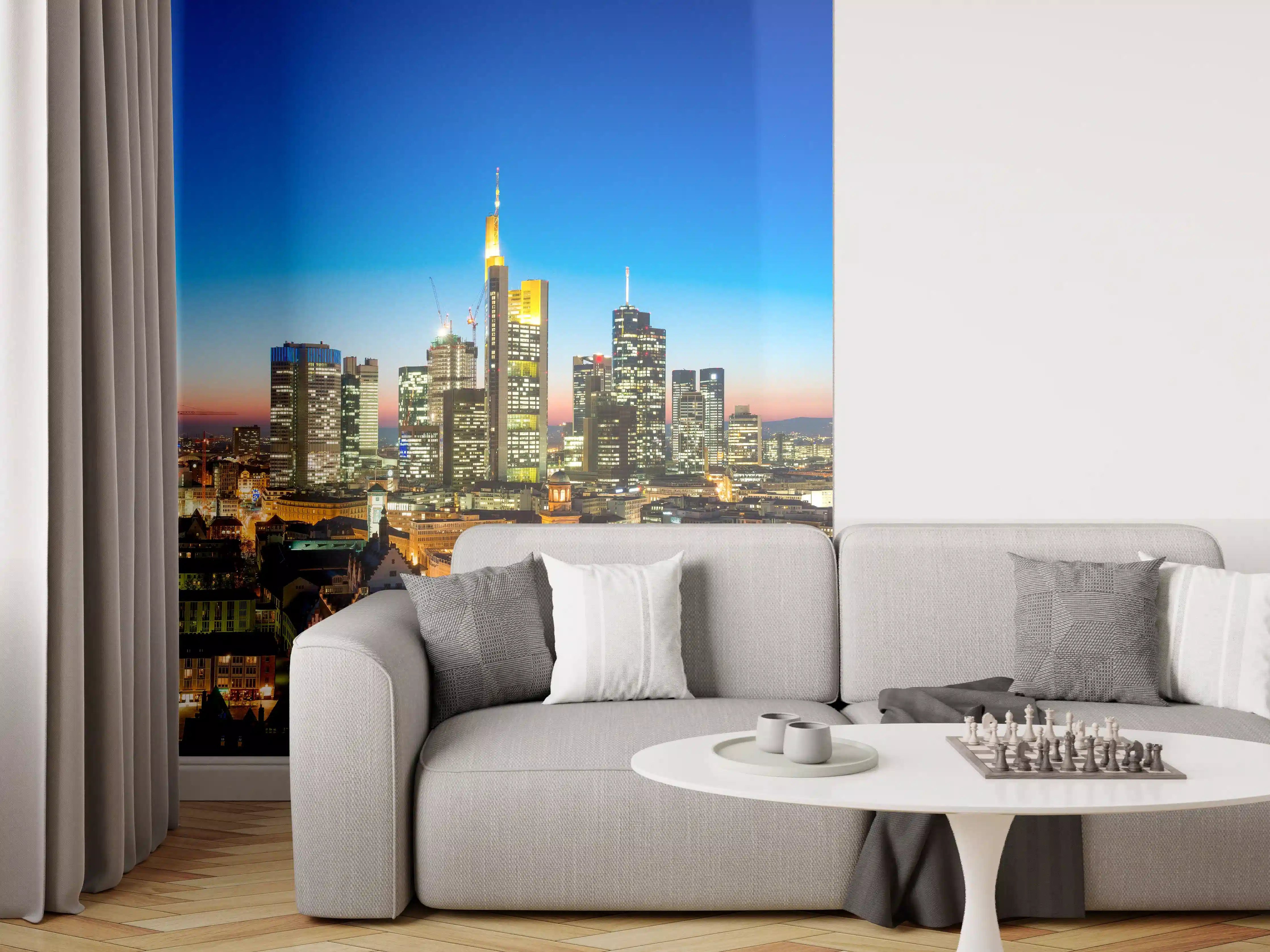 Wandverkleidung Wohnzimmer - Blaue Skyline bei Abenddämmerung