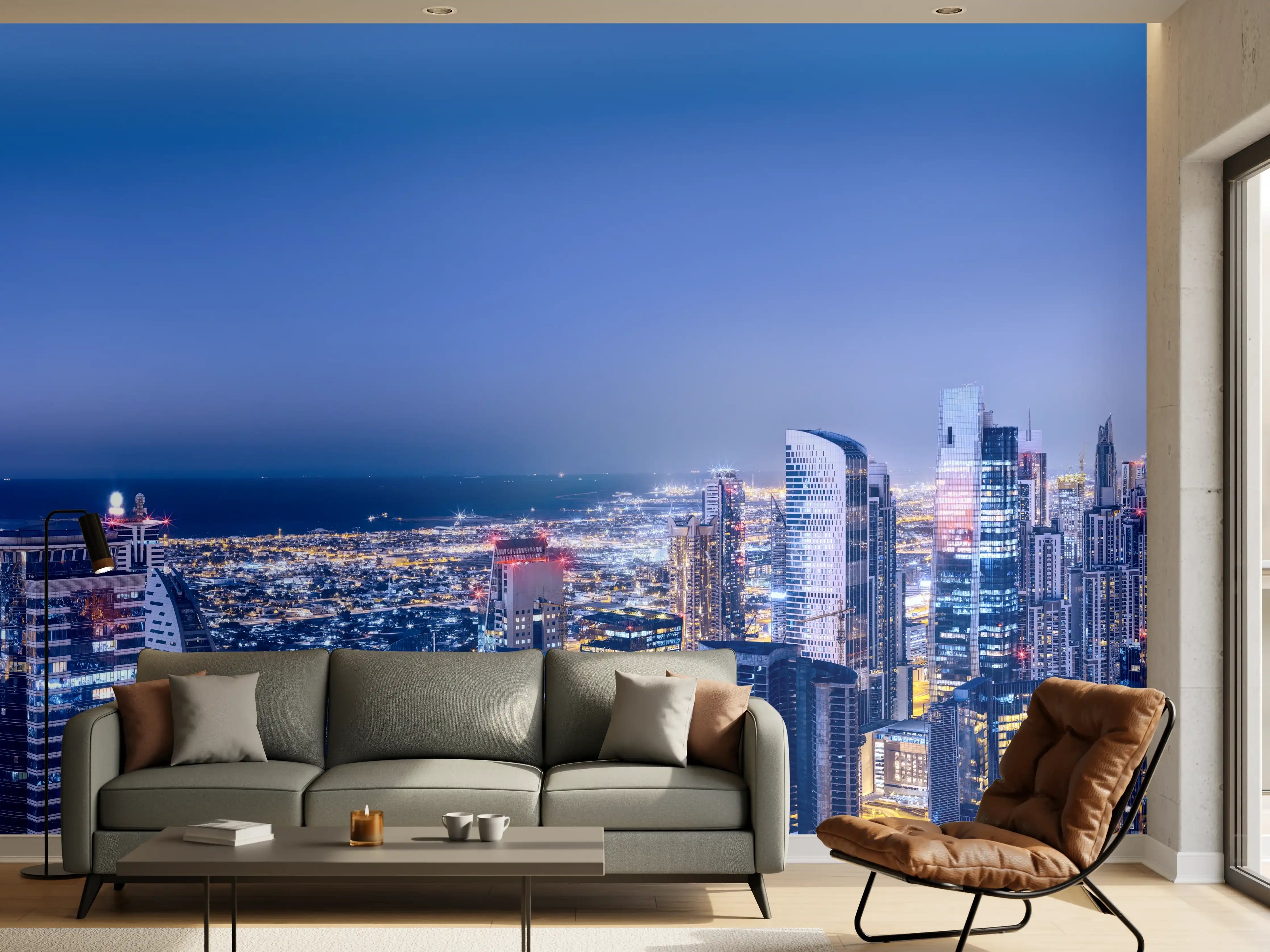 Wandverkleidung Wohnzimmer - Blaue Skyline bei Nacht