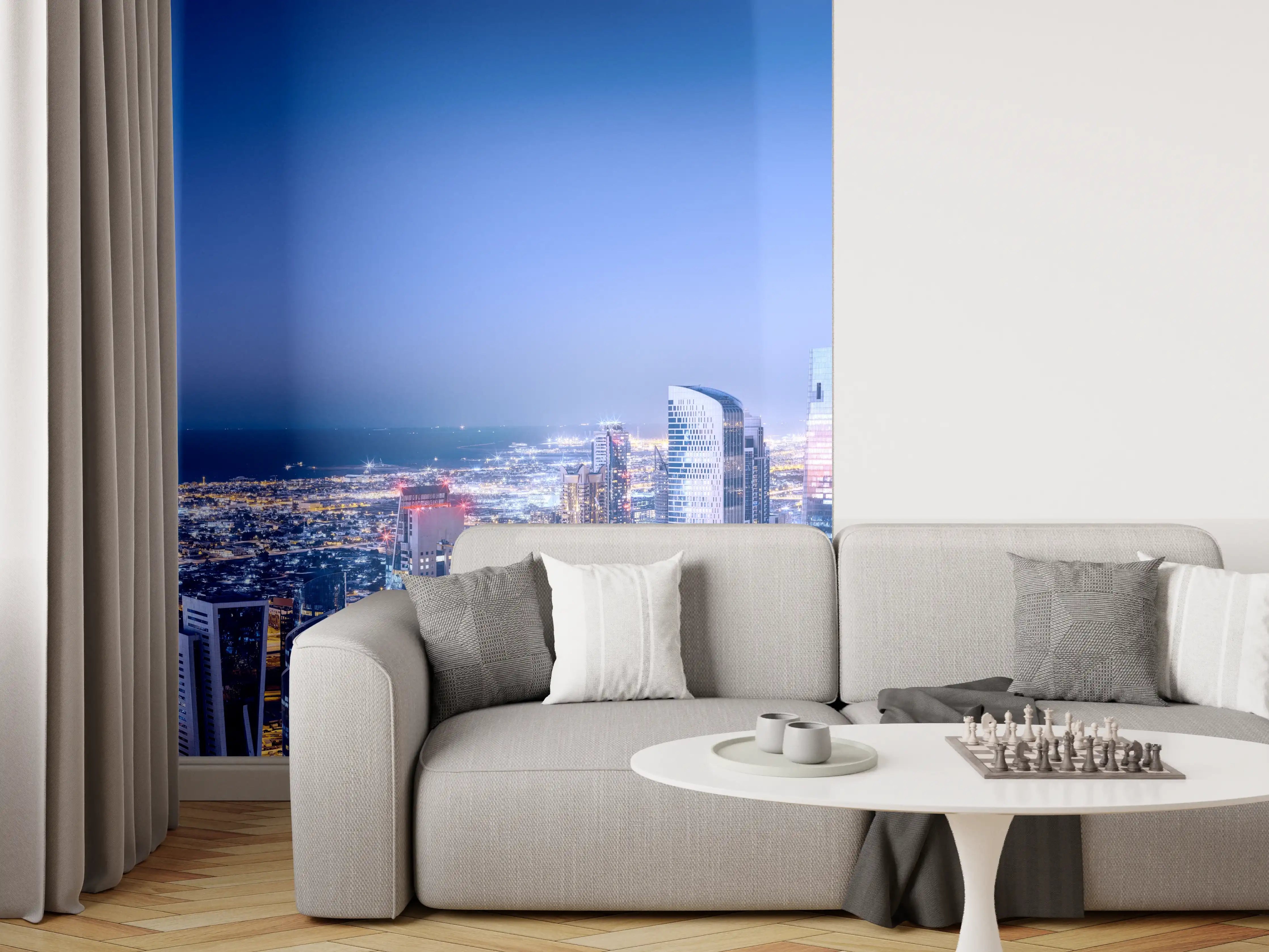 Wandverkleidung Wohnzimmer - Blaue Skyline bei Nacht