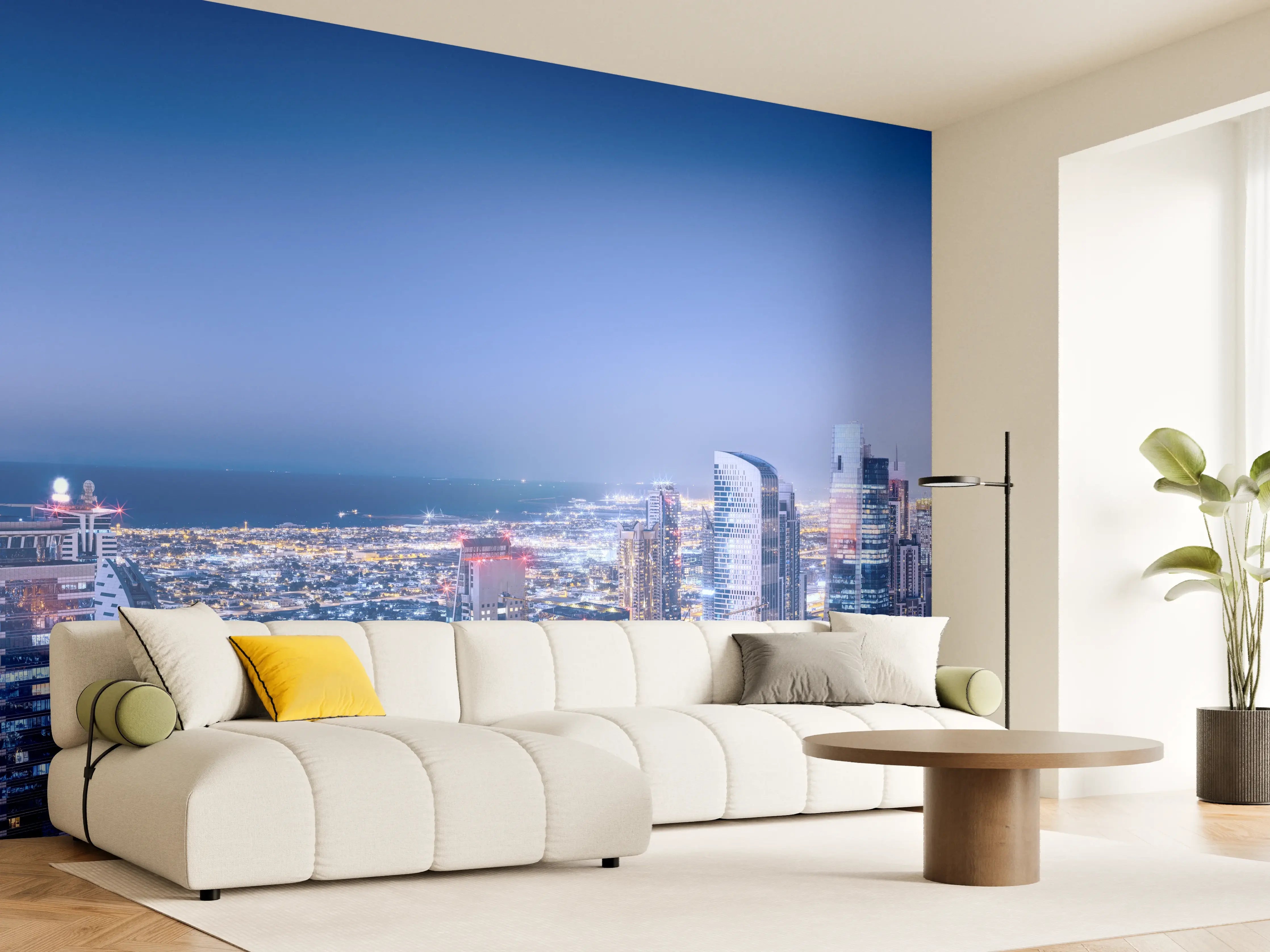 Wandverkleidung Wohnzimmer - Blaue Skyline bei Nacht