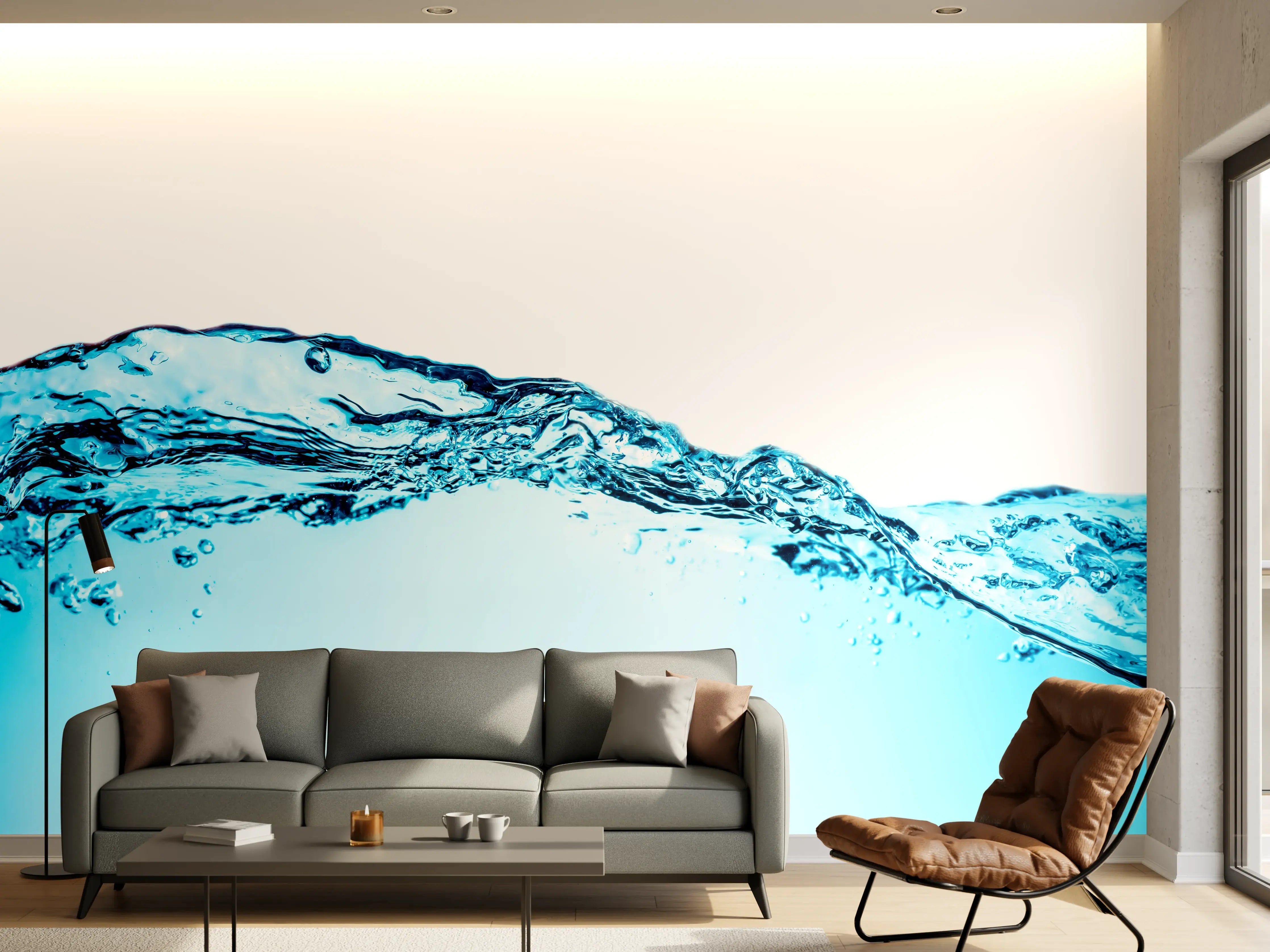Wandverkleidung Wohnzimmer - Blaue Wasserwelle mit Bläschen