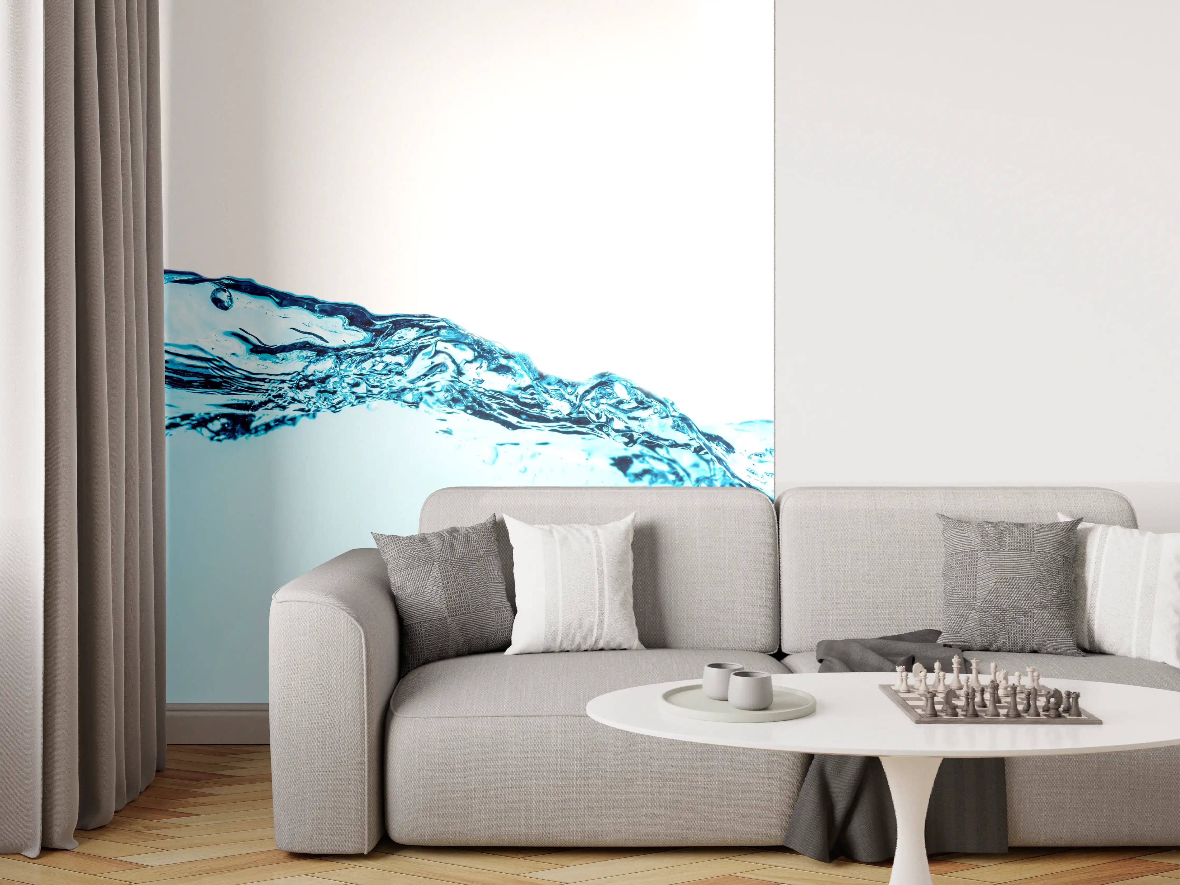 Wandverkleidung Wohnzimmer - Blaue Wasserwelle mit Bläschen