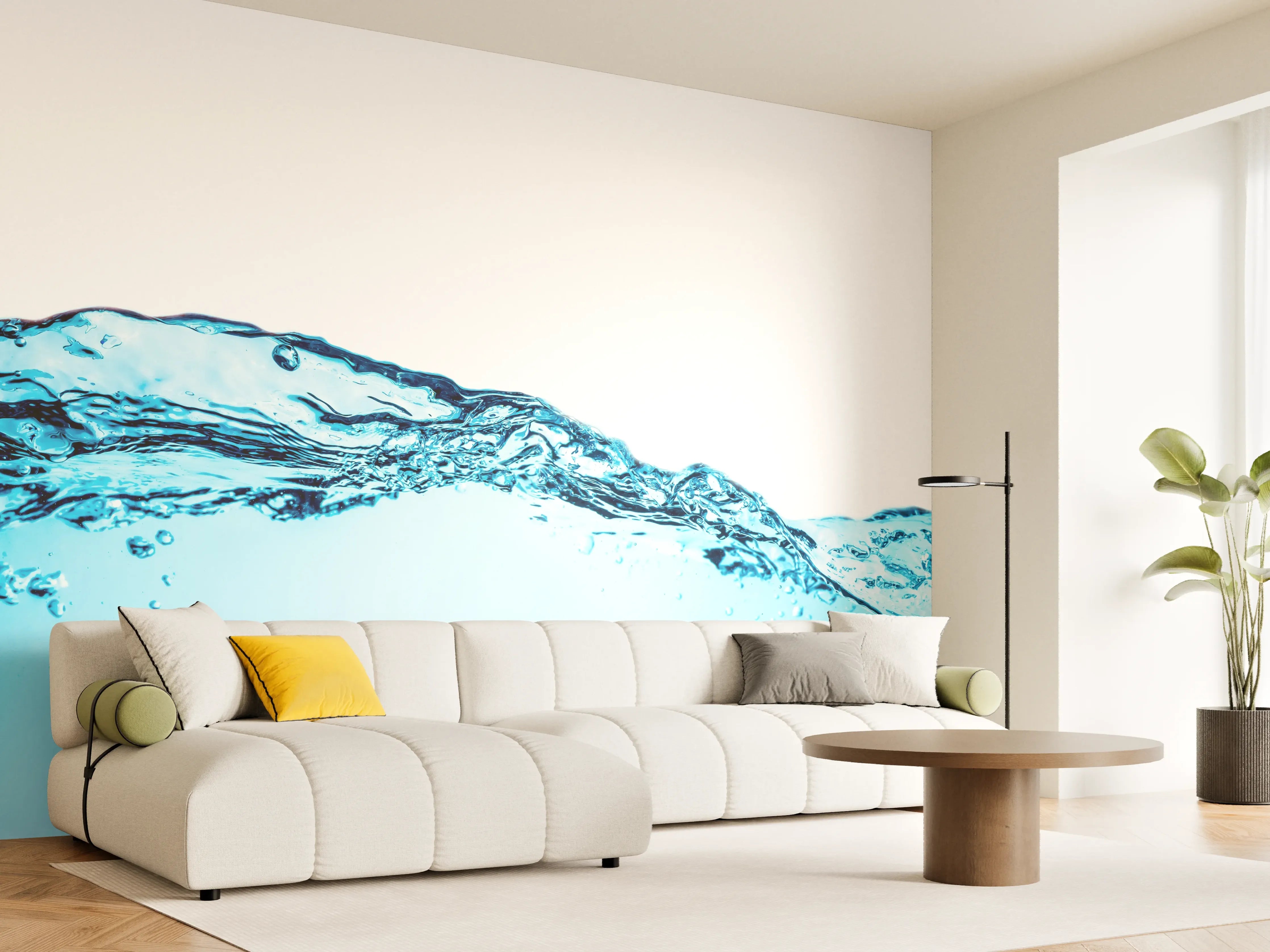 Wandverkleidung Wohnzimmer - Blaue Wasserwelle mit Bläschen