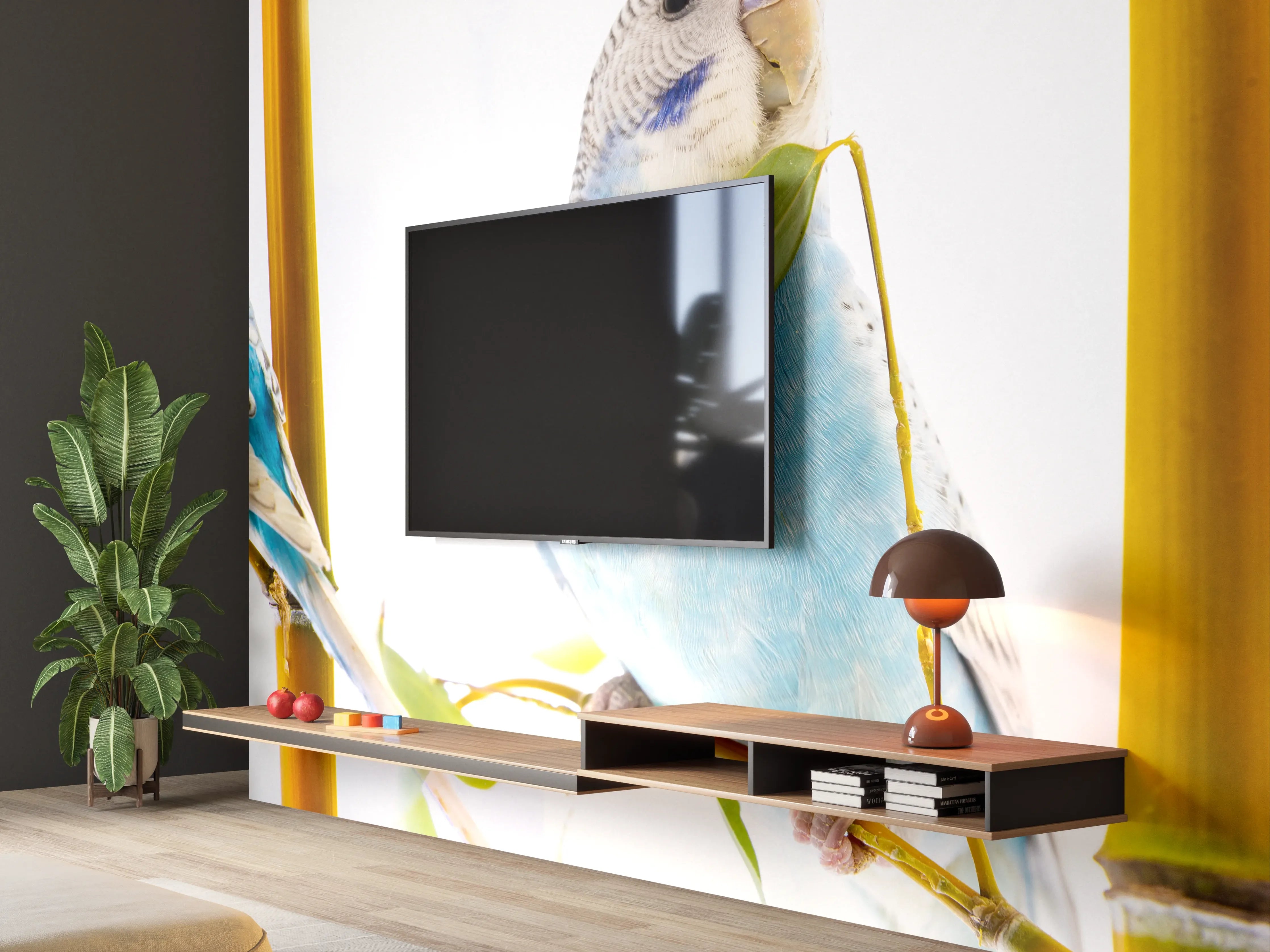 Wandverkleidung Wohnzimmer - Blaue gewellte Papageien auf weißem Hintergrund