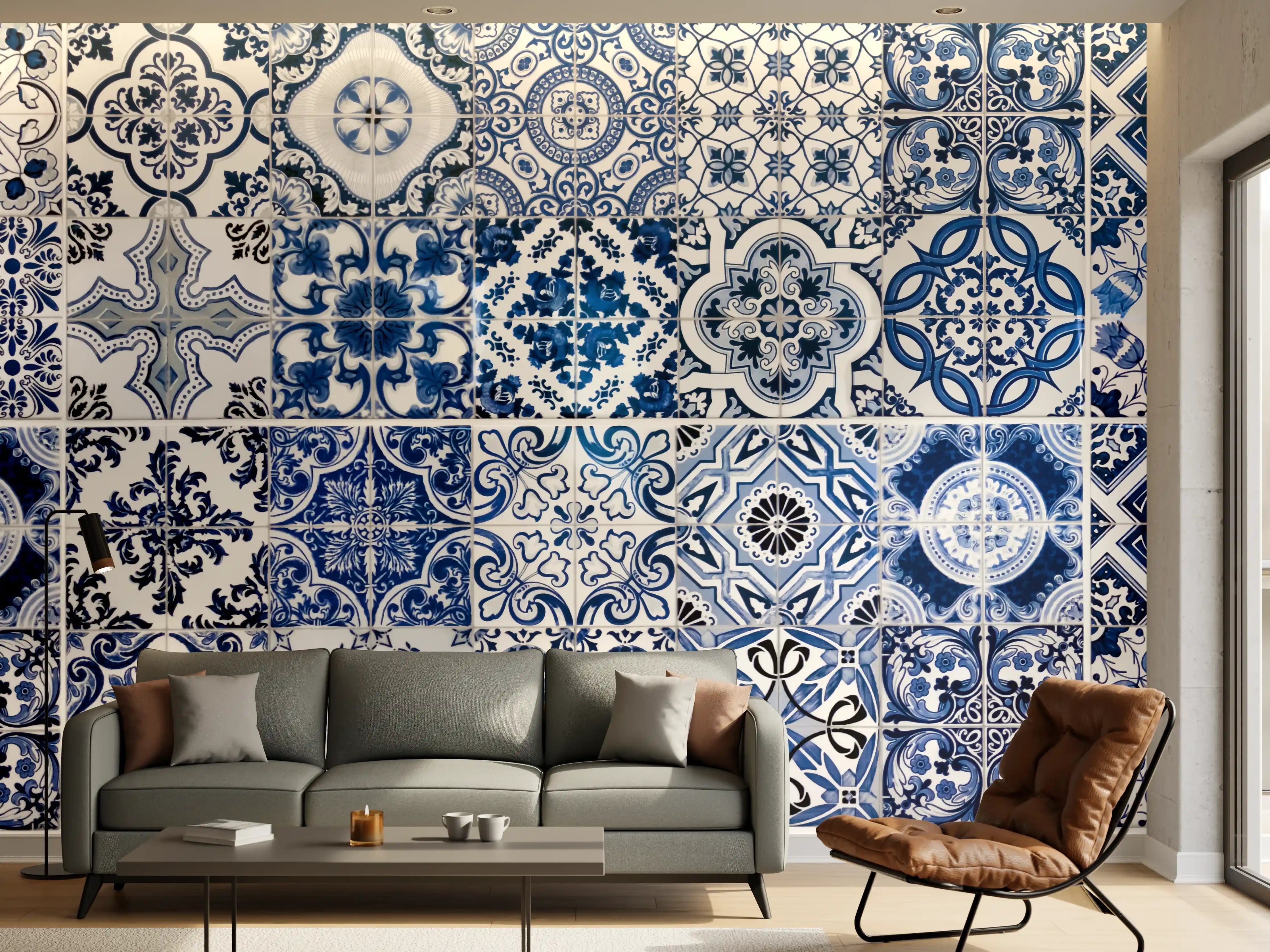 Wandverkleidung Wohnzimmer - Blaue portugiesische Azulejo-Fliesen