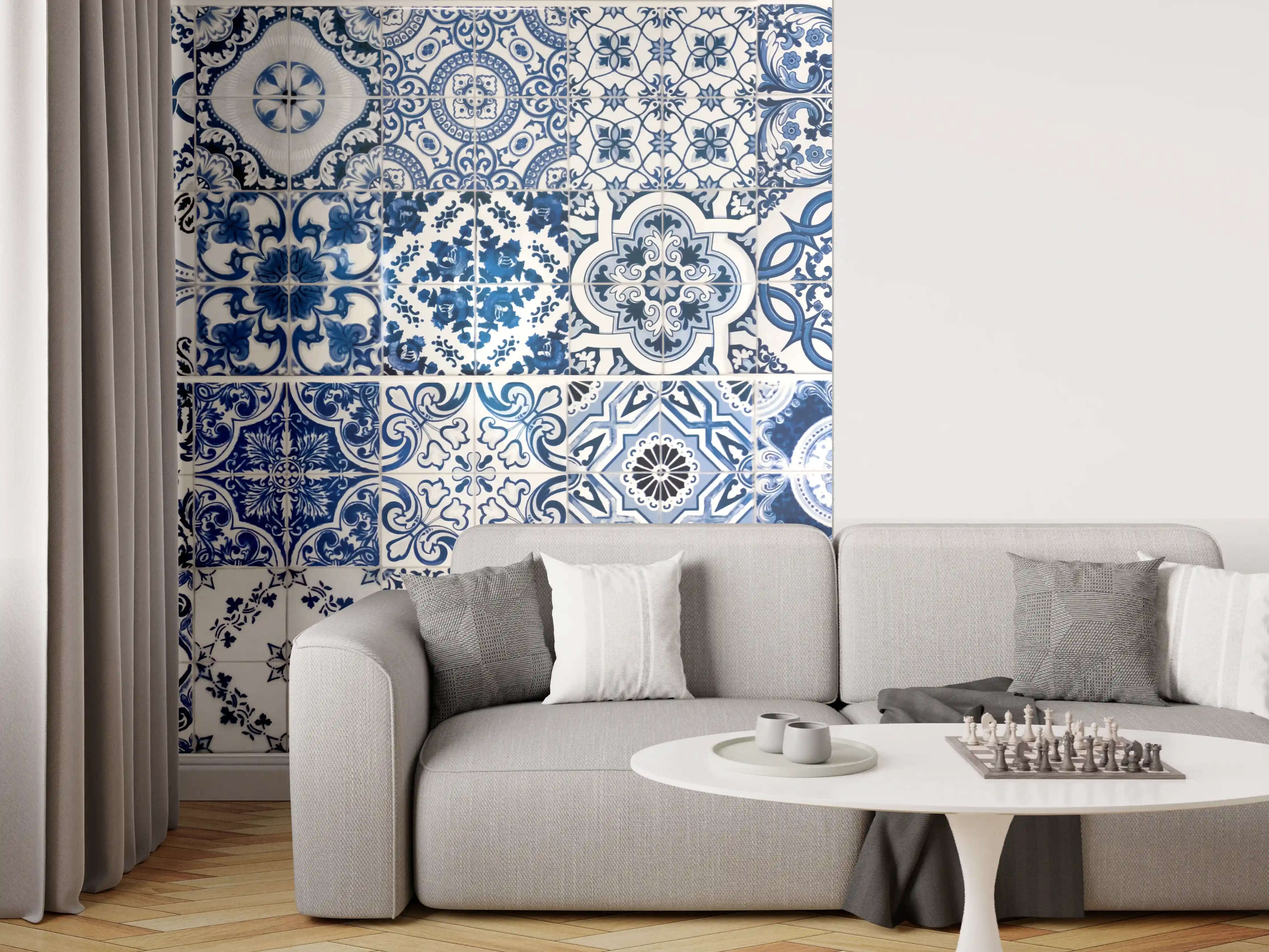 Wandverkleidung Wohnzimmer - Blaue portugiesische Azulejo-Fliesen