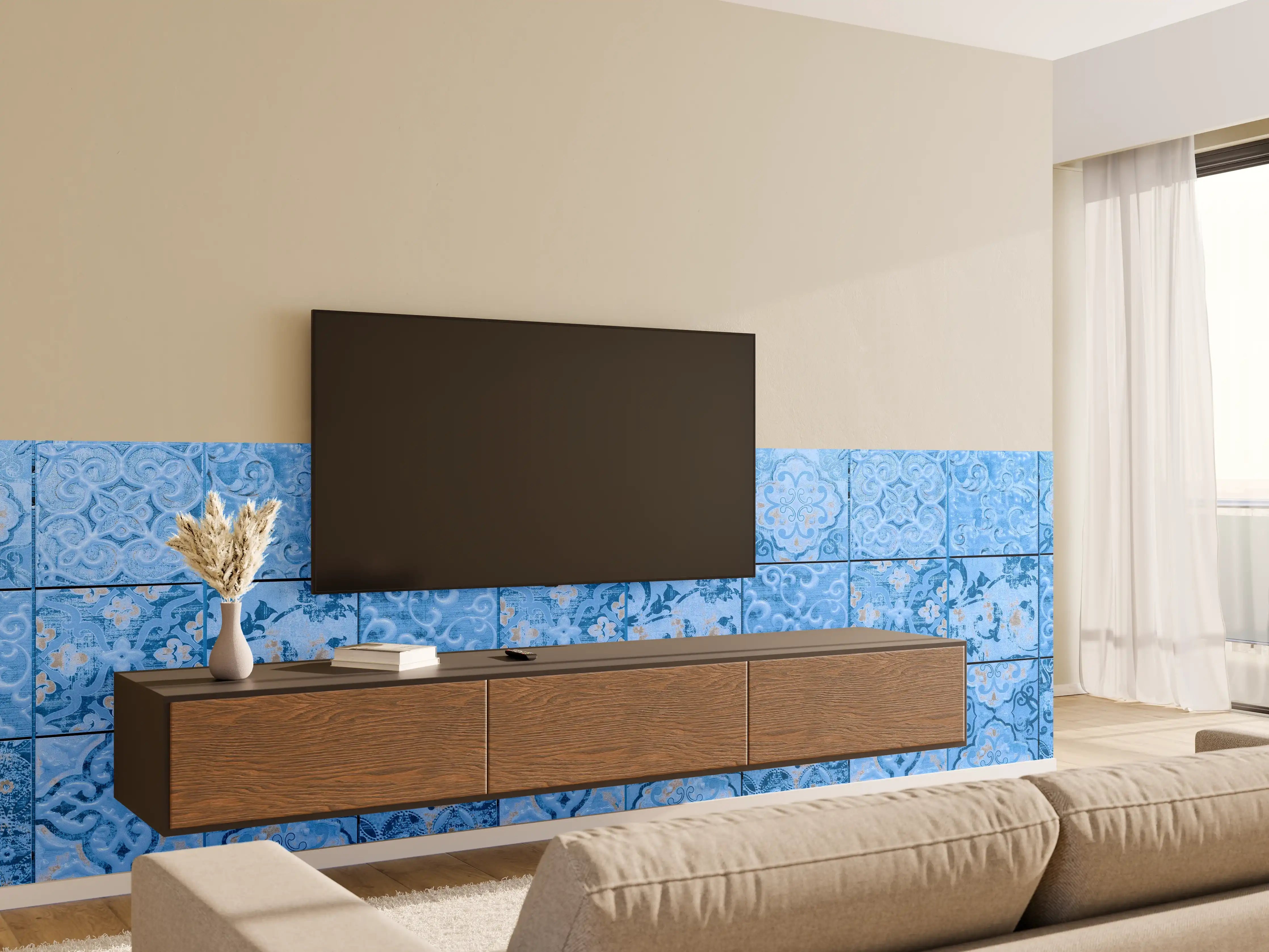Wandverkleidung Wohnzimmer - Blaue rechteckige Vintage Zementfliesen