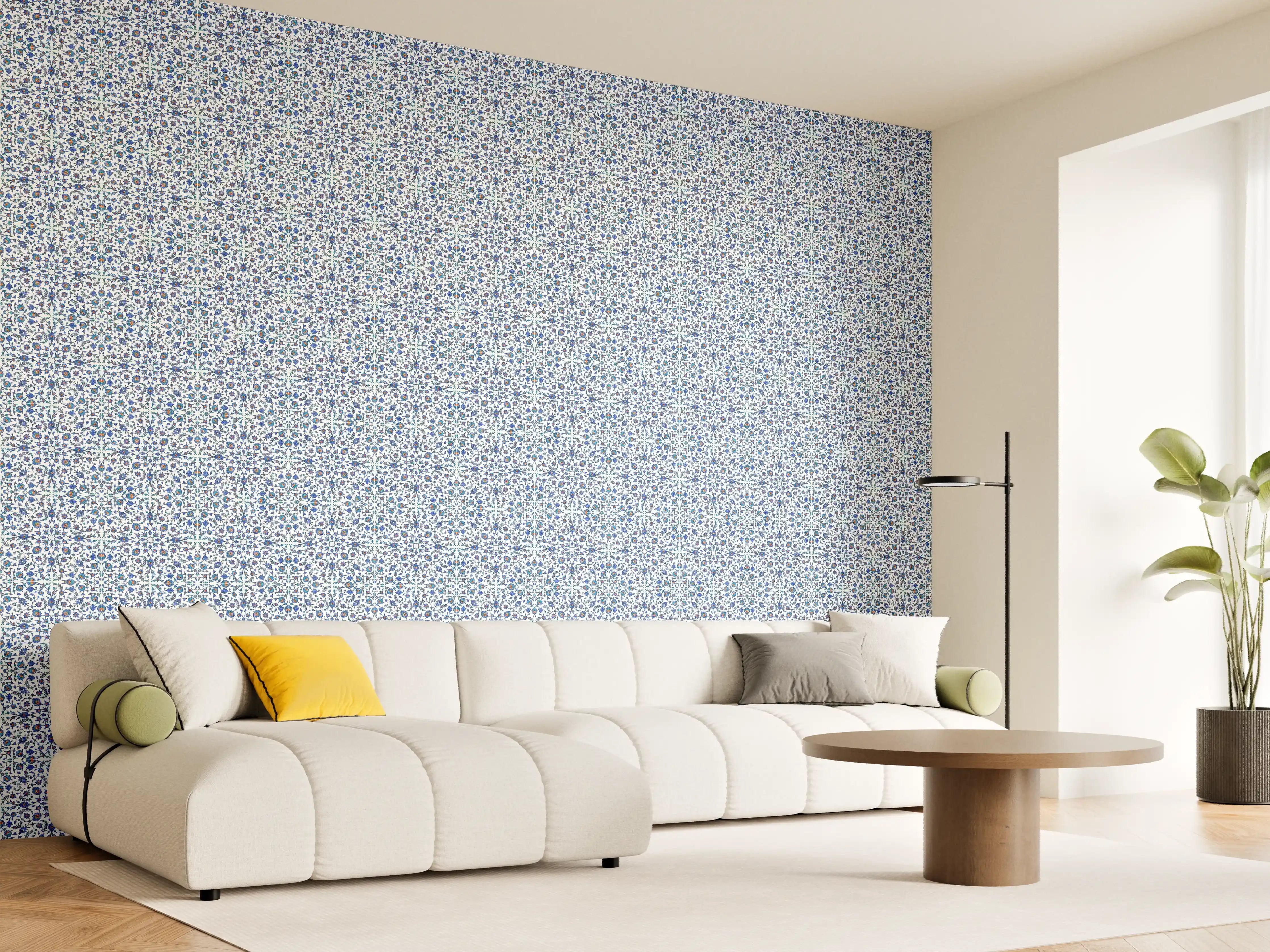 Wandverkleidung Wohnzimmer - Blaue und orangefarbene florale Musterfliese