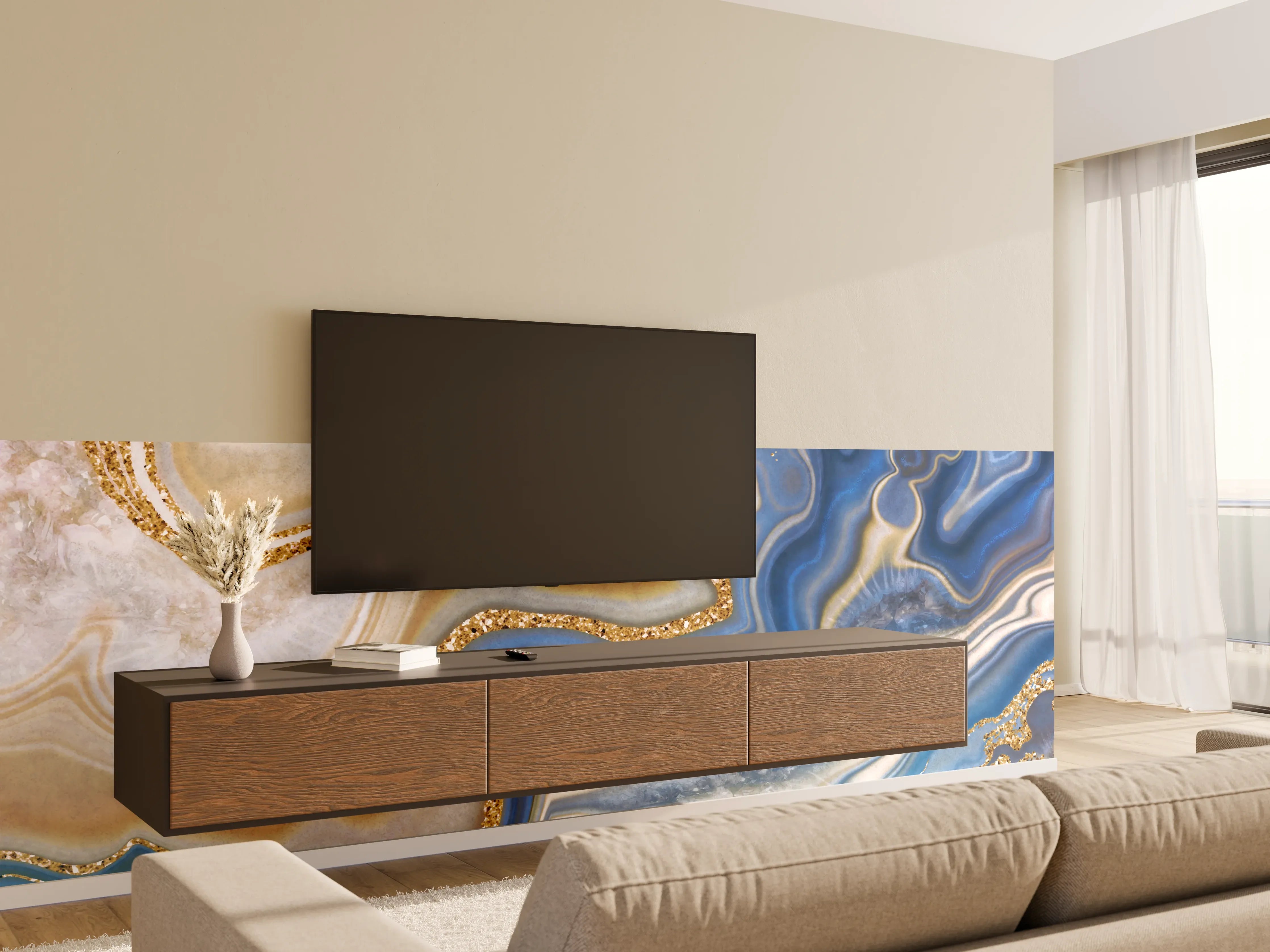 Wandverkleidung Wohnzimmer - Blauer Achat mit Goldadern