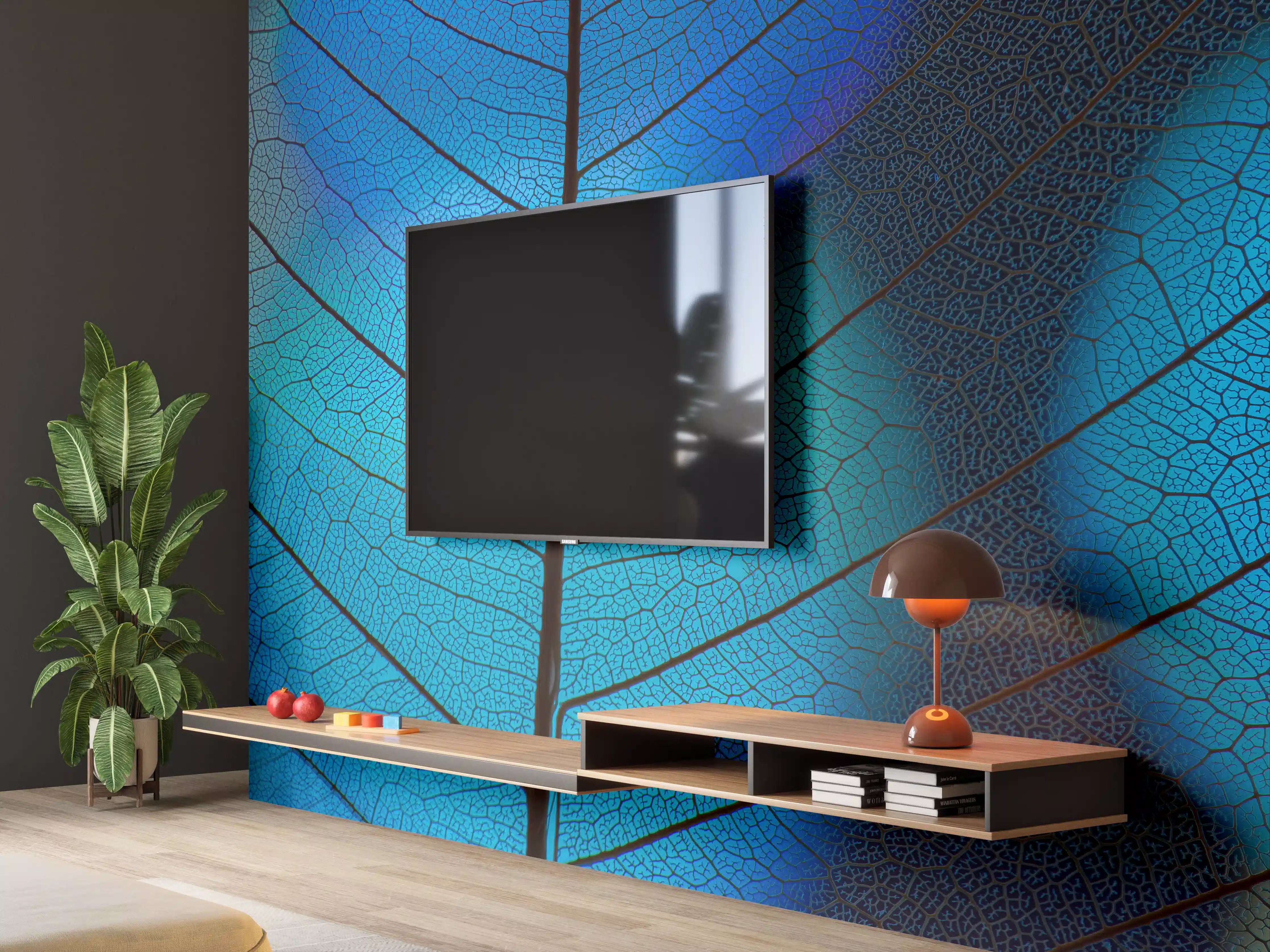 Wandverkleidung Wohnzimmer - Blauer Blattschwarz-Und-Dunkel-Muster