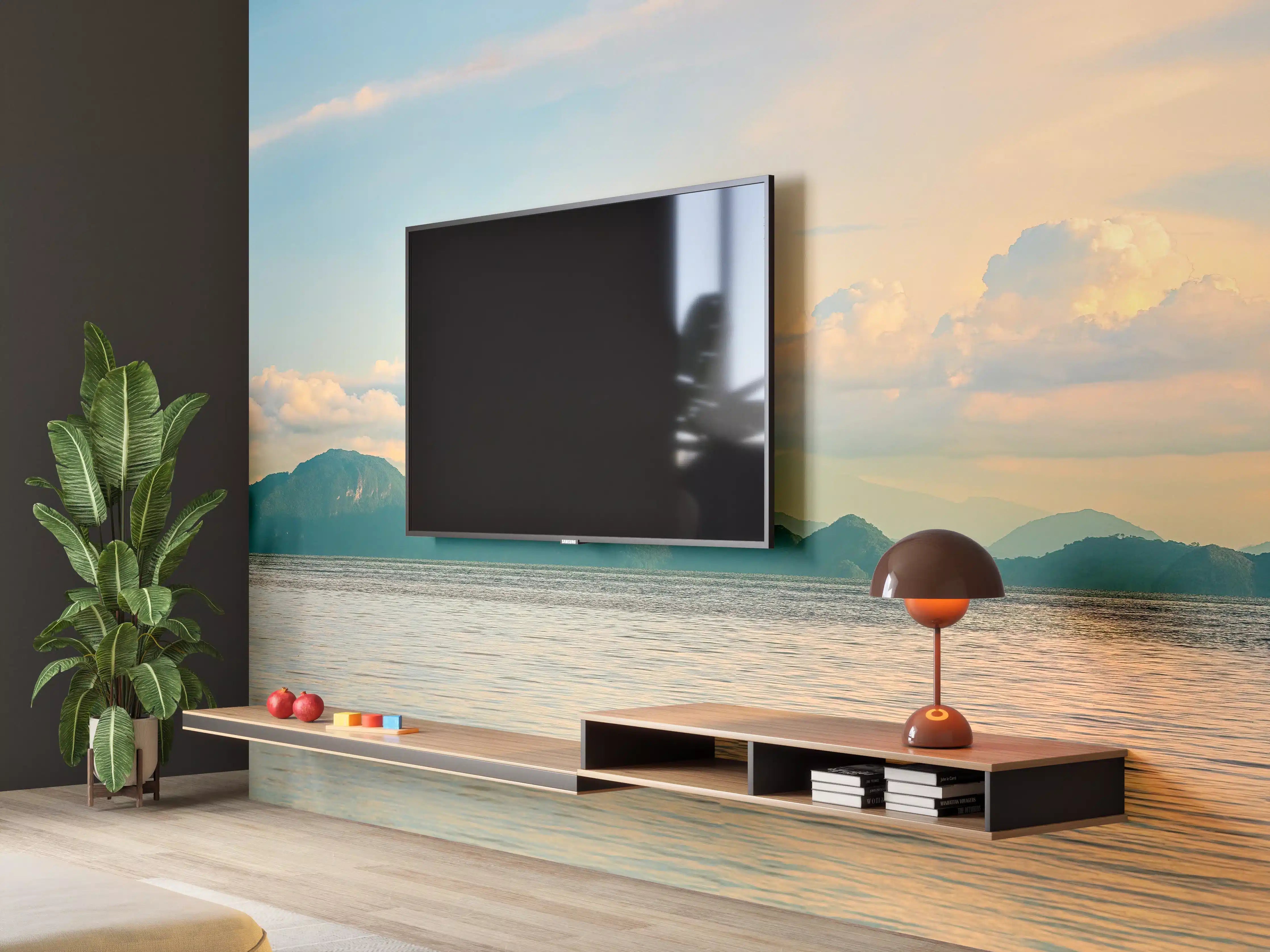 Wandverkleidung Wohnzimmer - Blauer Himmel mit sanften Wolken über Wasserlandschaft