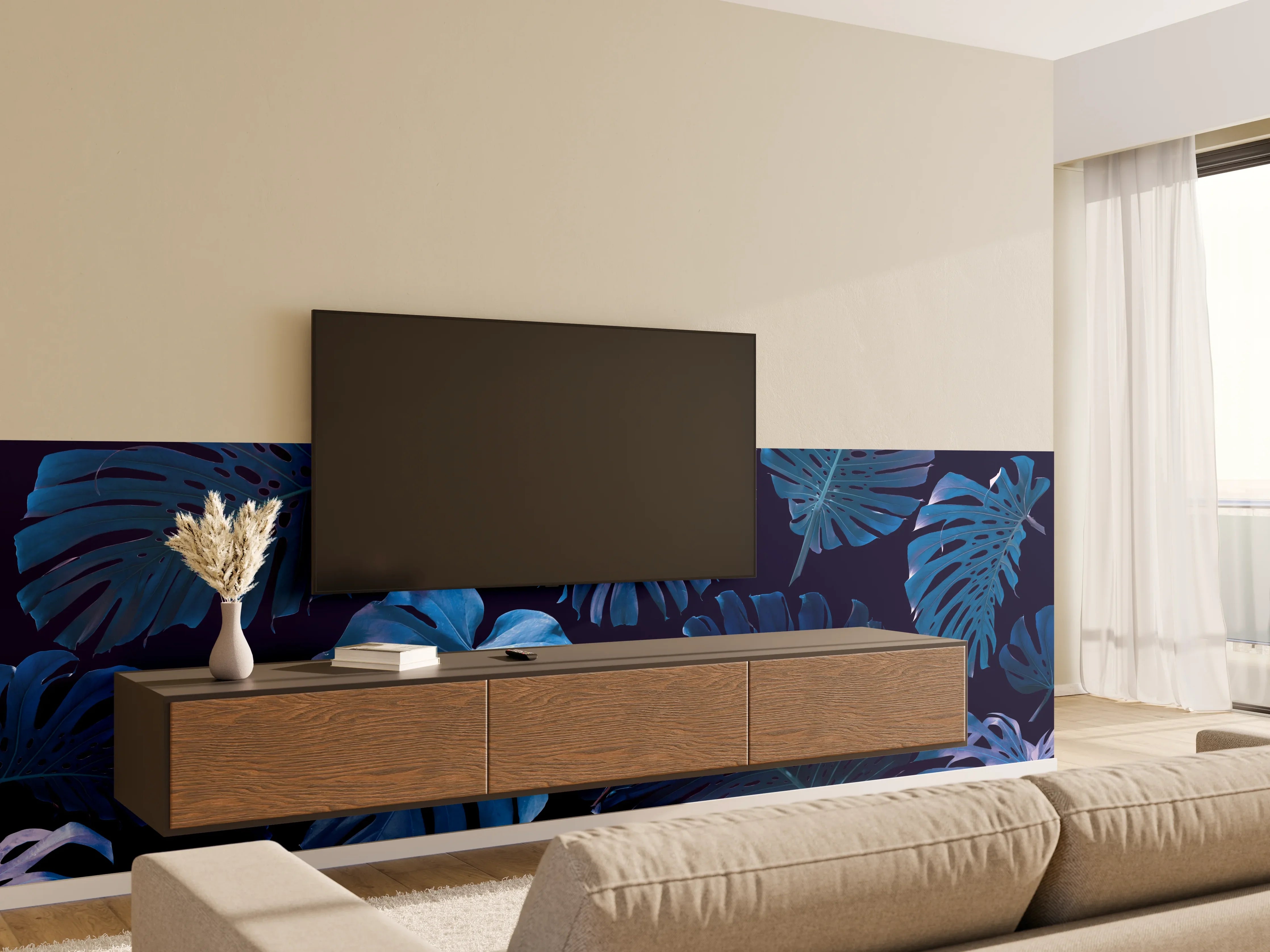 Wandverkleidung Wohnzimmer - Blauer Monstera-Blätter-Print