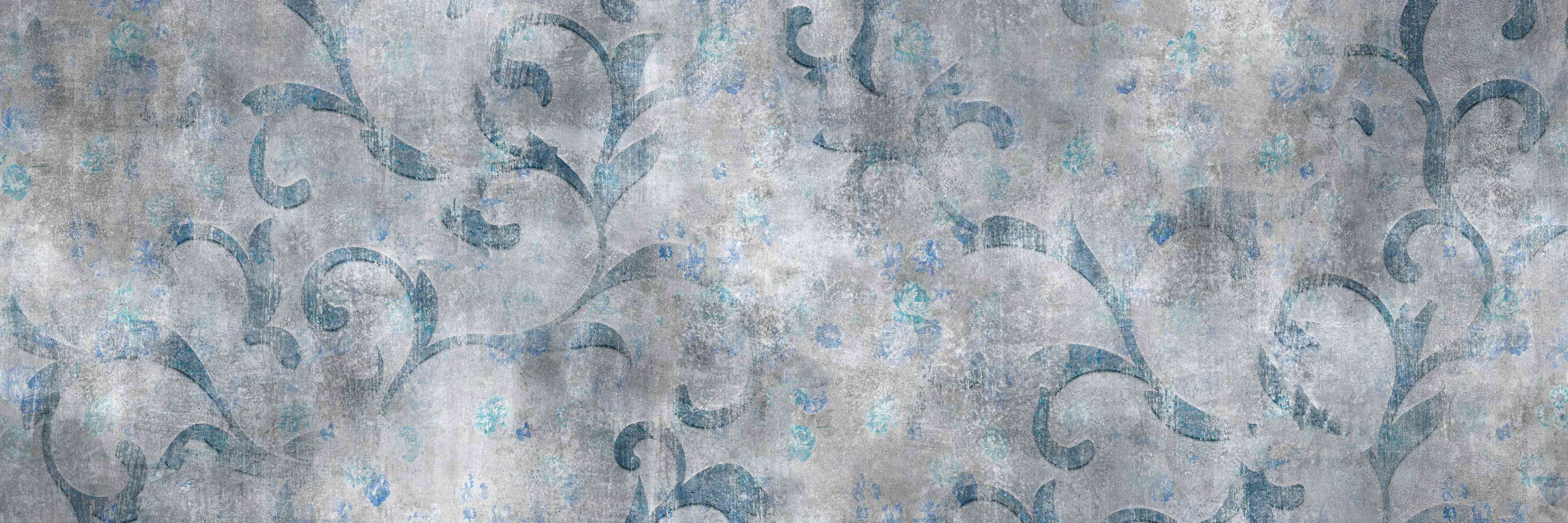 Wandverkleidung Wohnzimmer-Blaues Blätter Muster - Zement