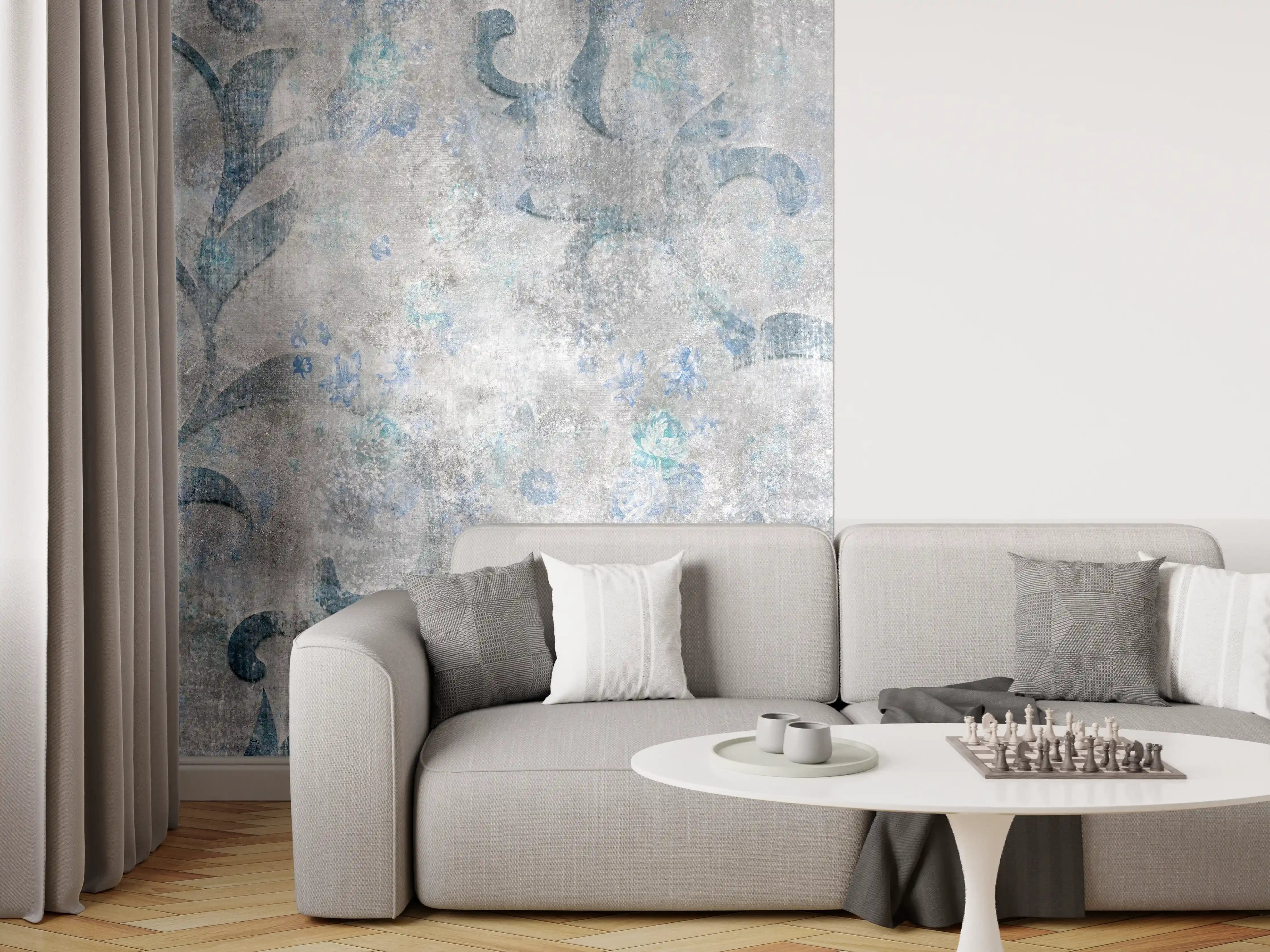 Wandverkleidung Wohnzimmer - Blaues Blätter Muster - Zement