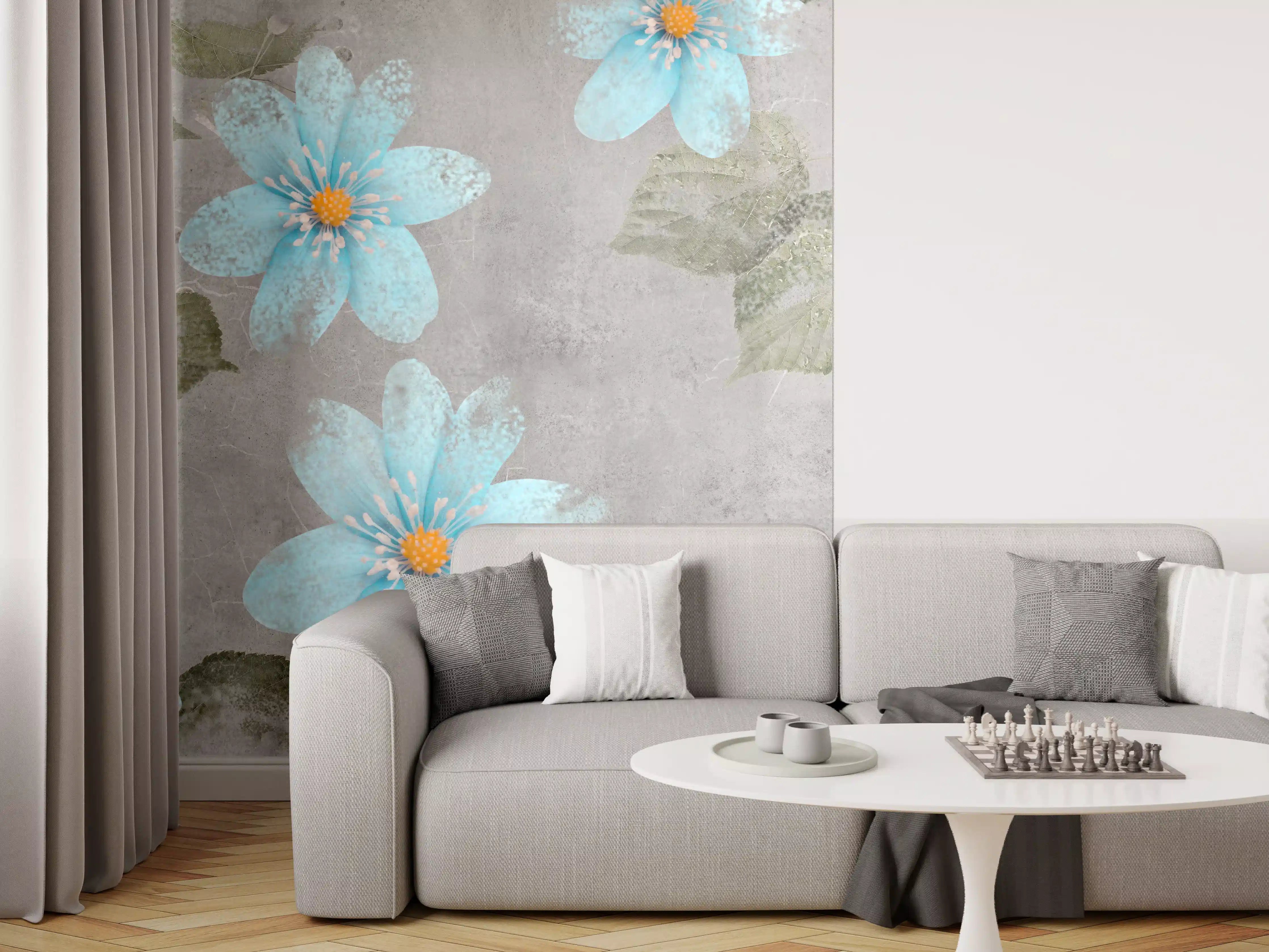 Wandverkleidung Wohnzimmer - Blaues Blumenmuster - Zeichnung
