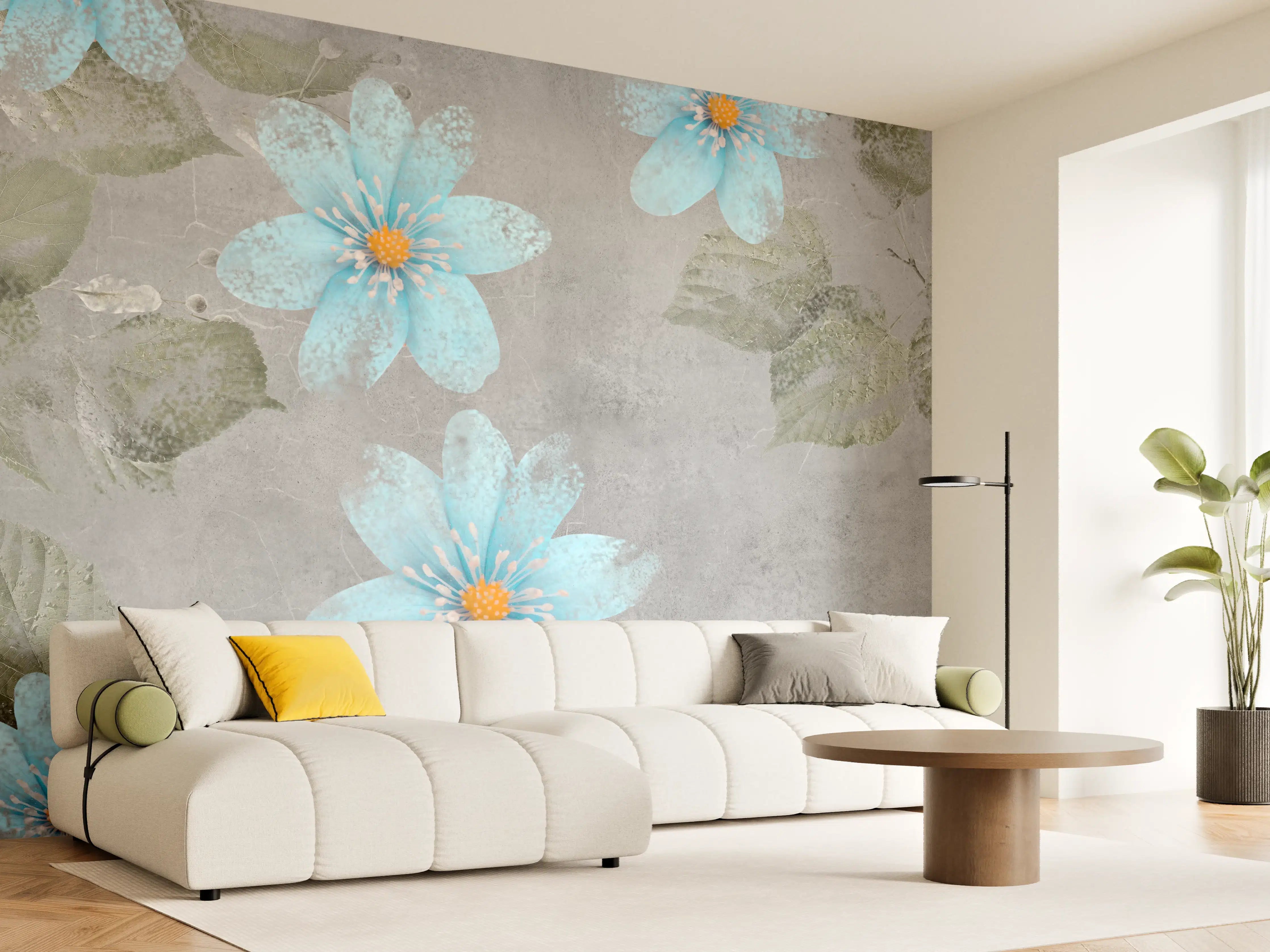 Wandverkleidung Wohnzimmer - Blaues Blumenmuster - Zeichnung