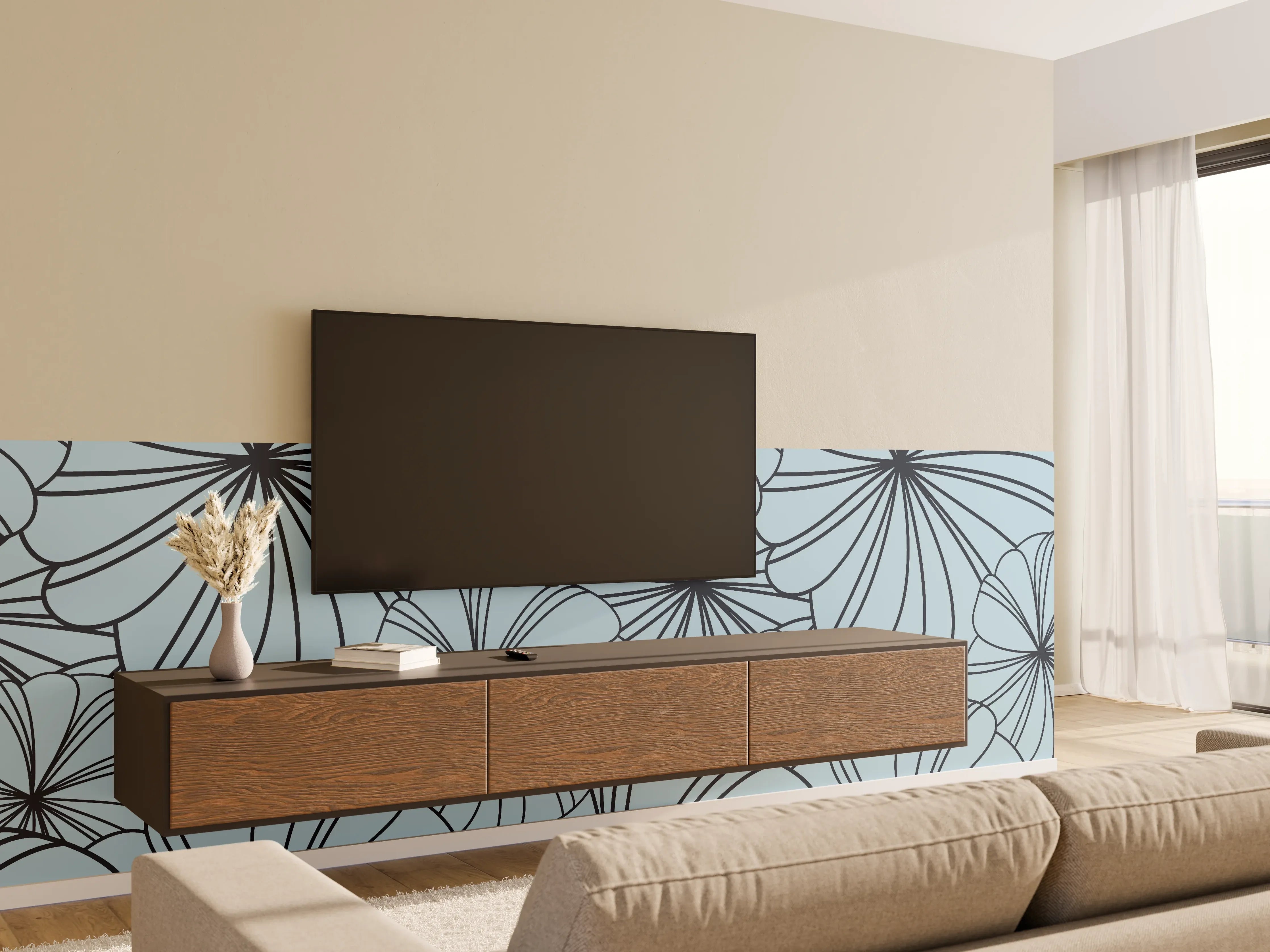 Wandverkleidung Wohnzimmer - Blaues Blumenmuster Design