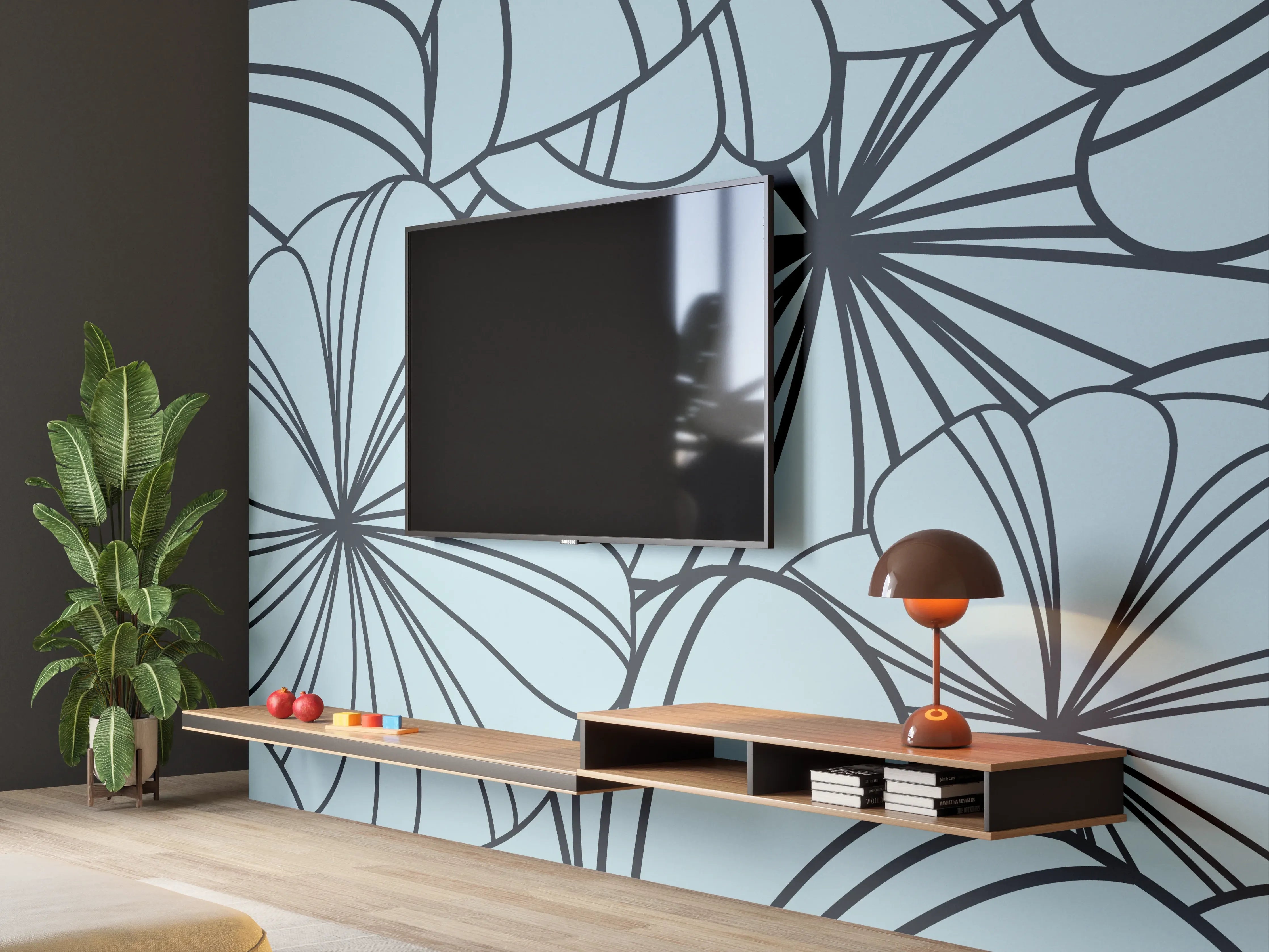 Wandverkleidung Wohnzimmer - Blaues Blumenmuster Design