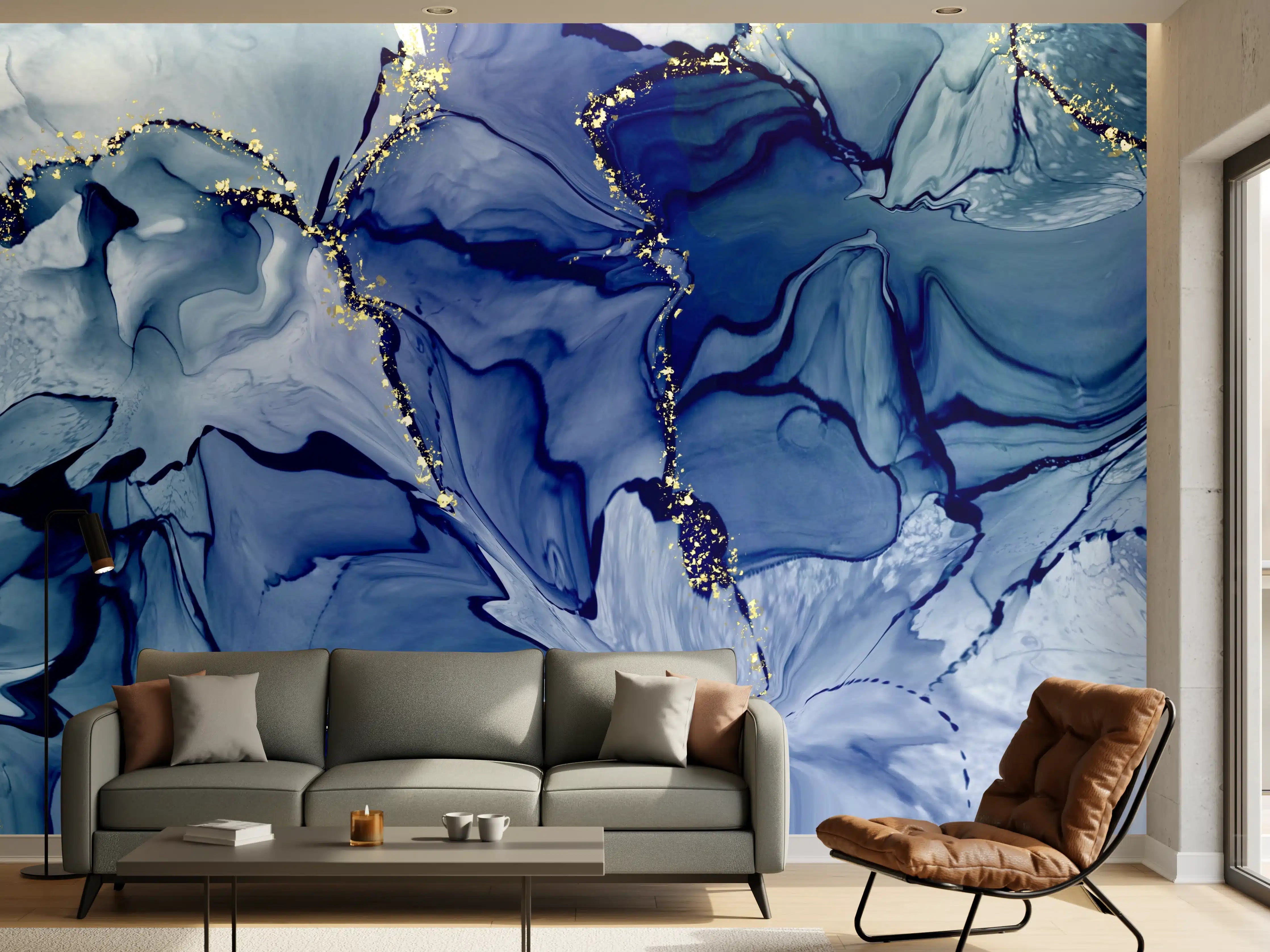 Wandverkleidung Wohnzimmer - Blaues Marbledesign mit Goldakzenten