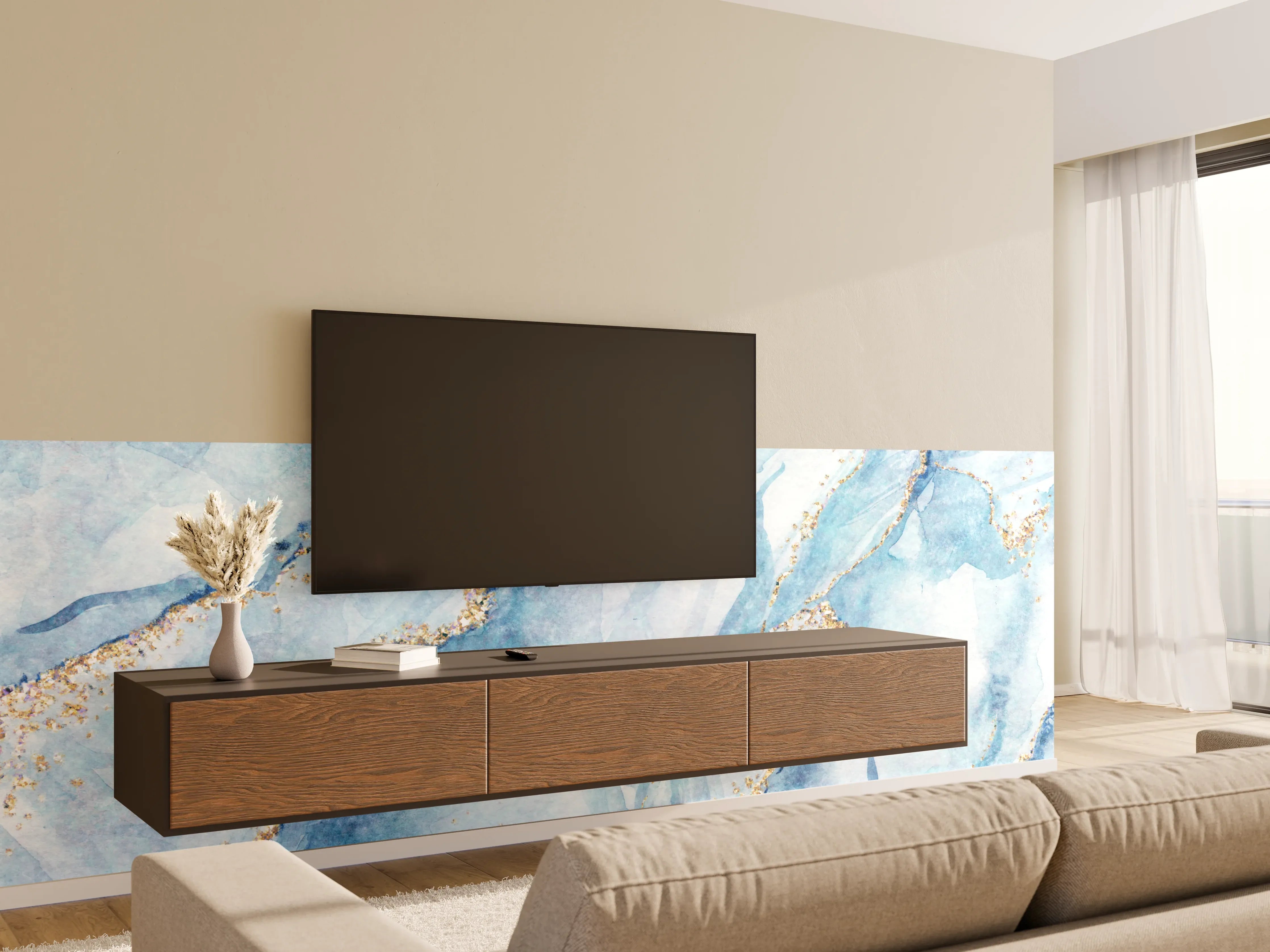 Wandverkleidung Wohnzimmer - Blaues Marmor Design mit Goldakzenten
