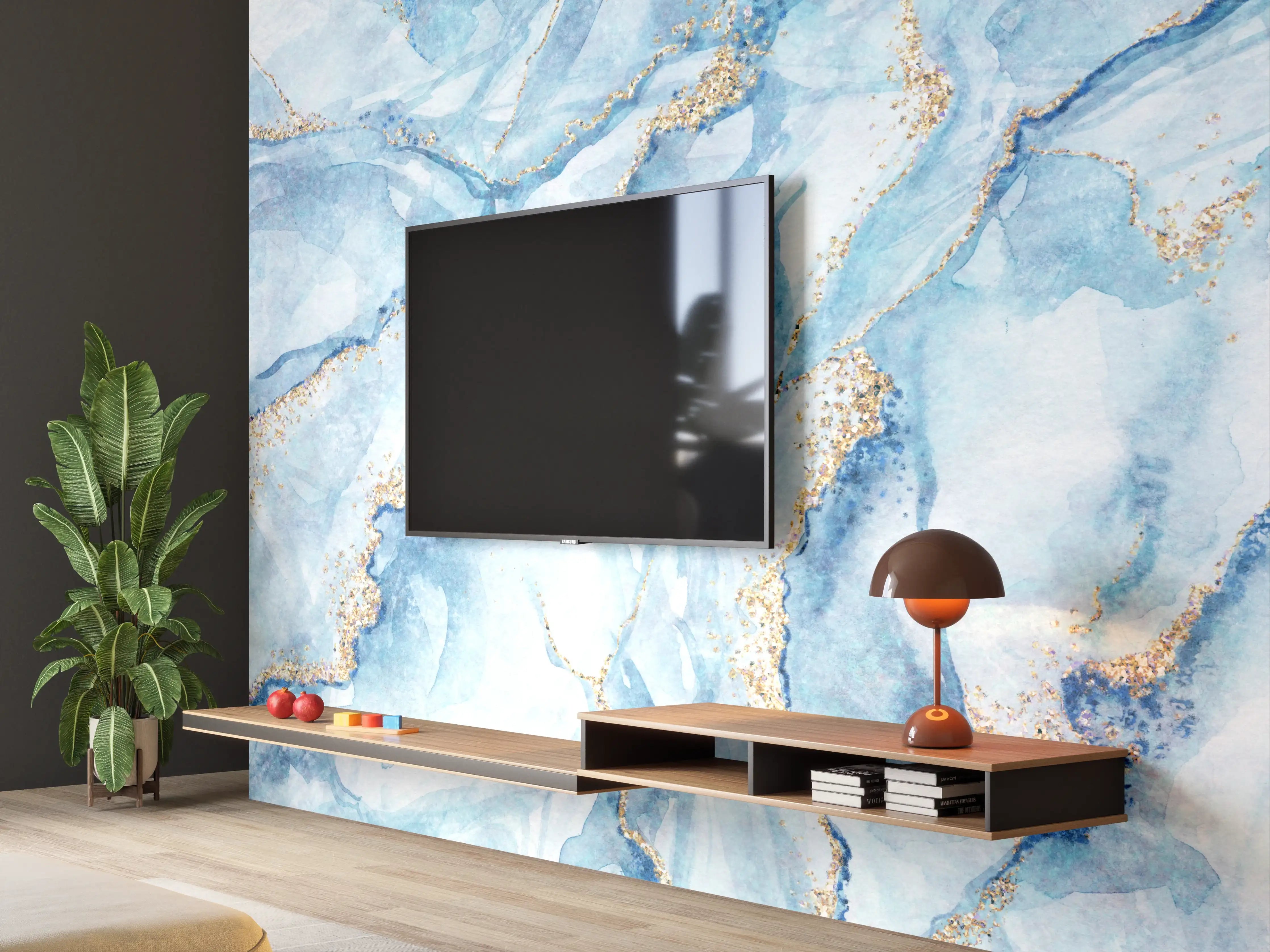 Wandverkleidung Wohnzimmer - Blaues Marmor Design mit Goldakzenten