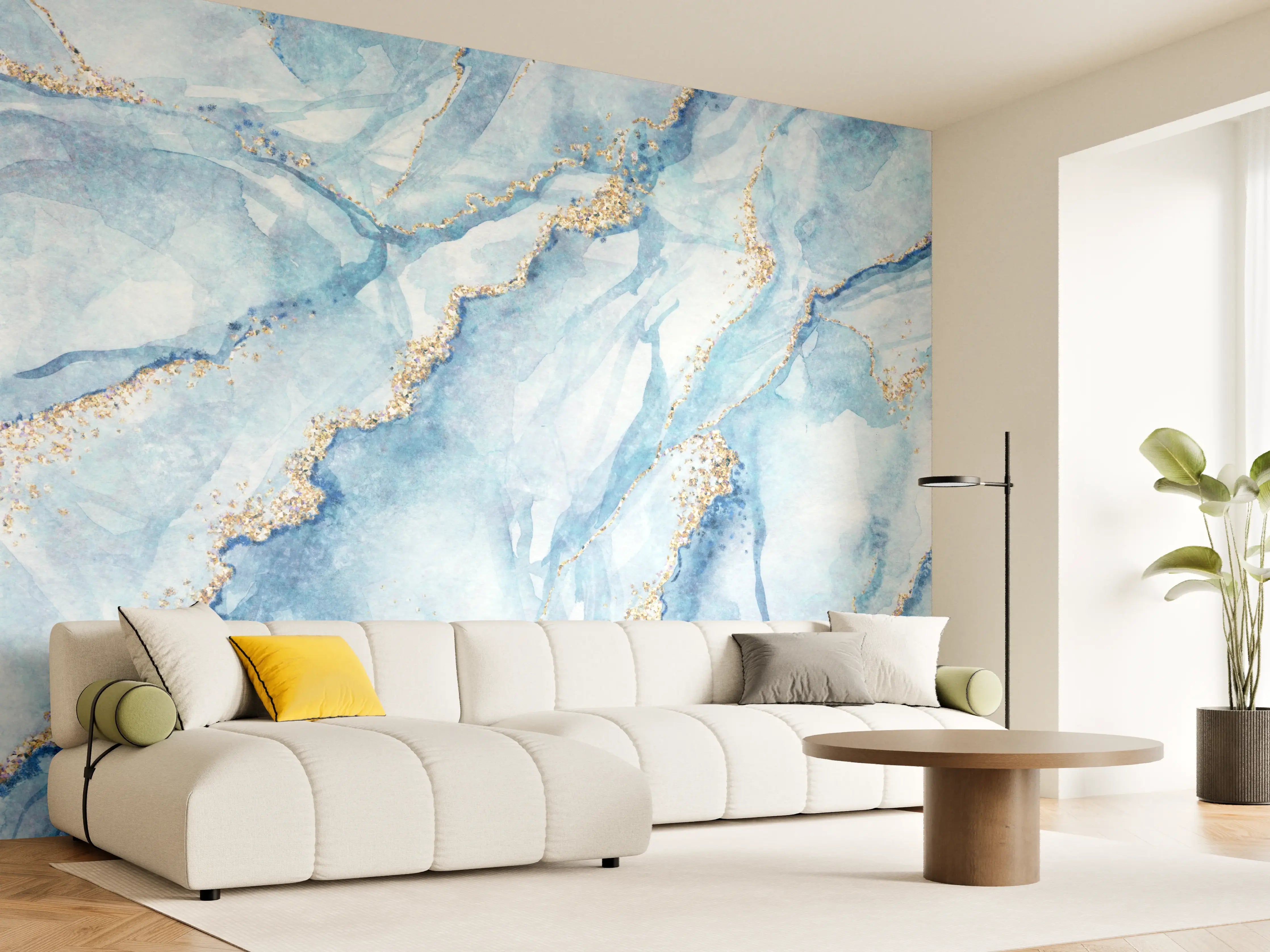 Wandverkleidung Wohnzimmer - Blaues Marmor Design mit Goldakzenten