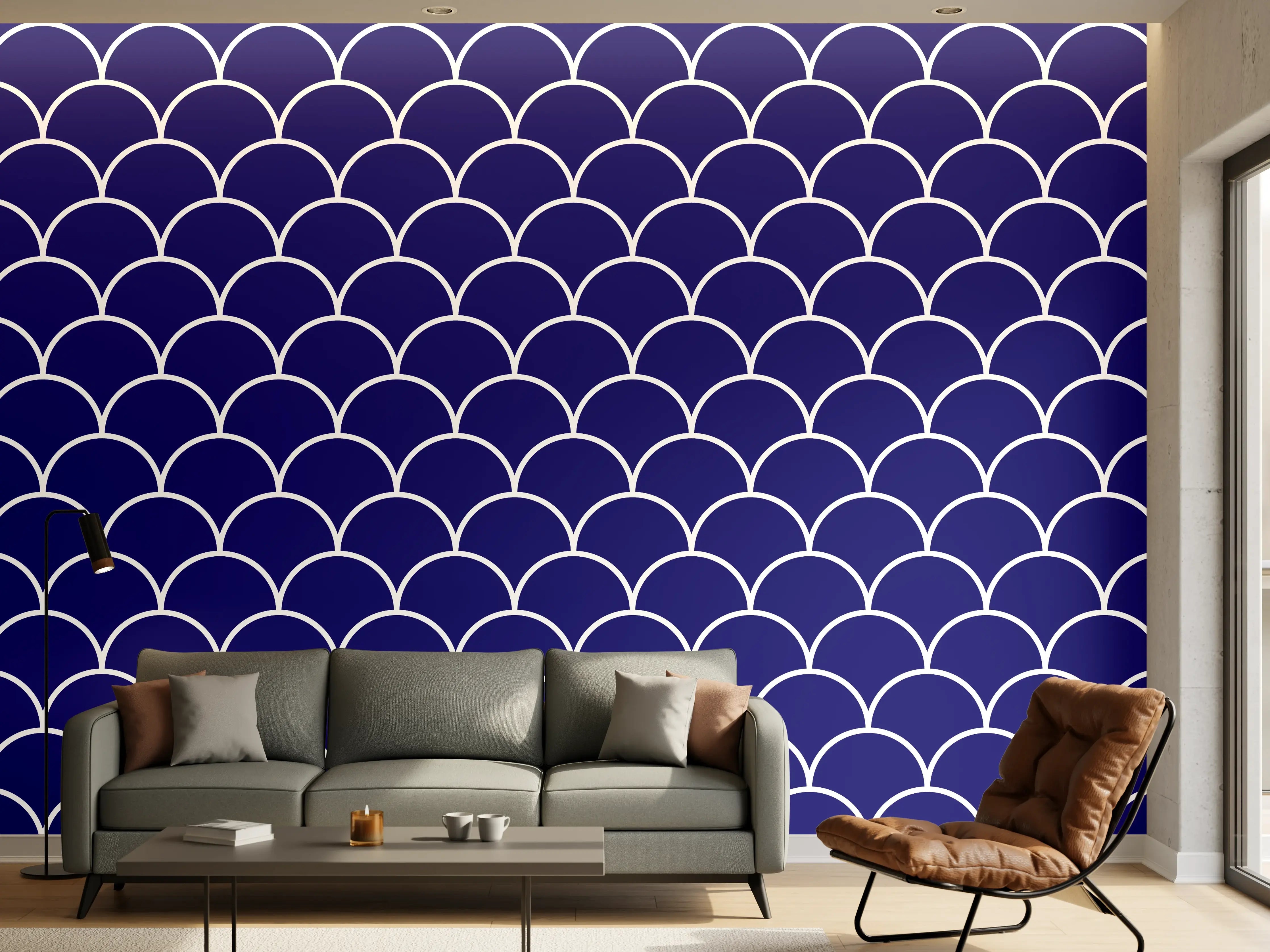 Wandverkleidung Wohnzimmer - Blaues Meeresmuster mit Schuppen-Optik