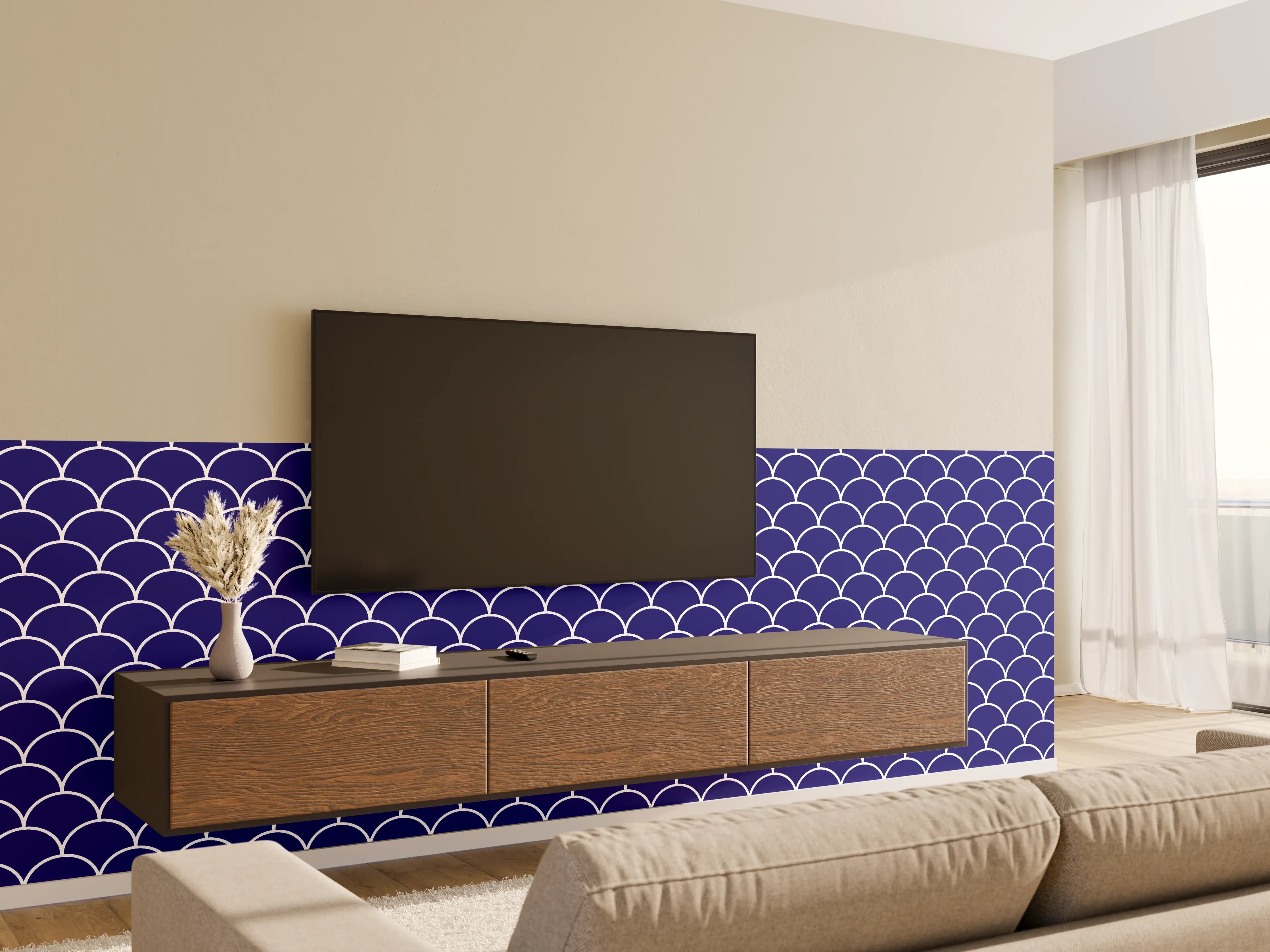 Wandverkleidung Wohnzimmer - Blaues Meeresmuster mit Schuppen-Optik