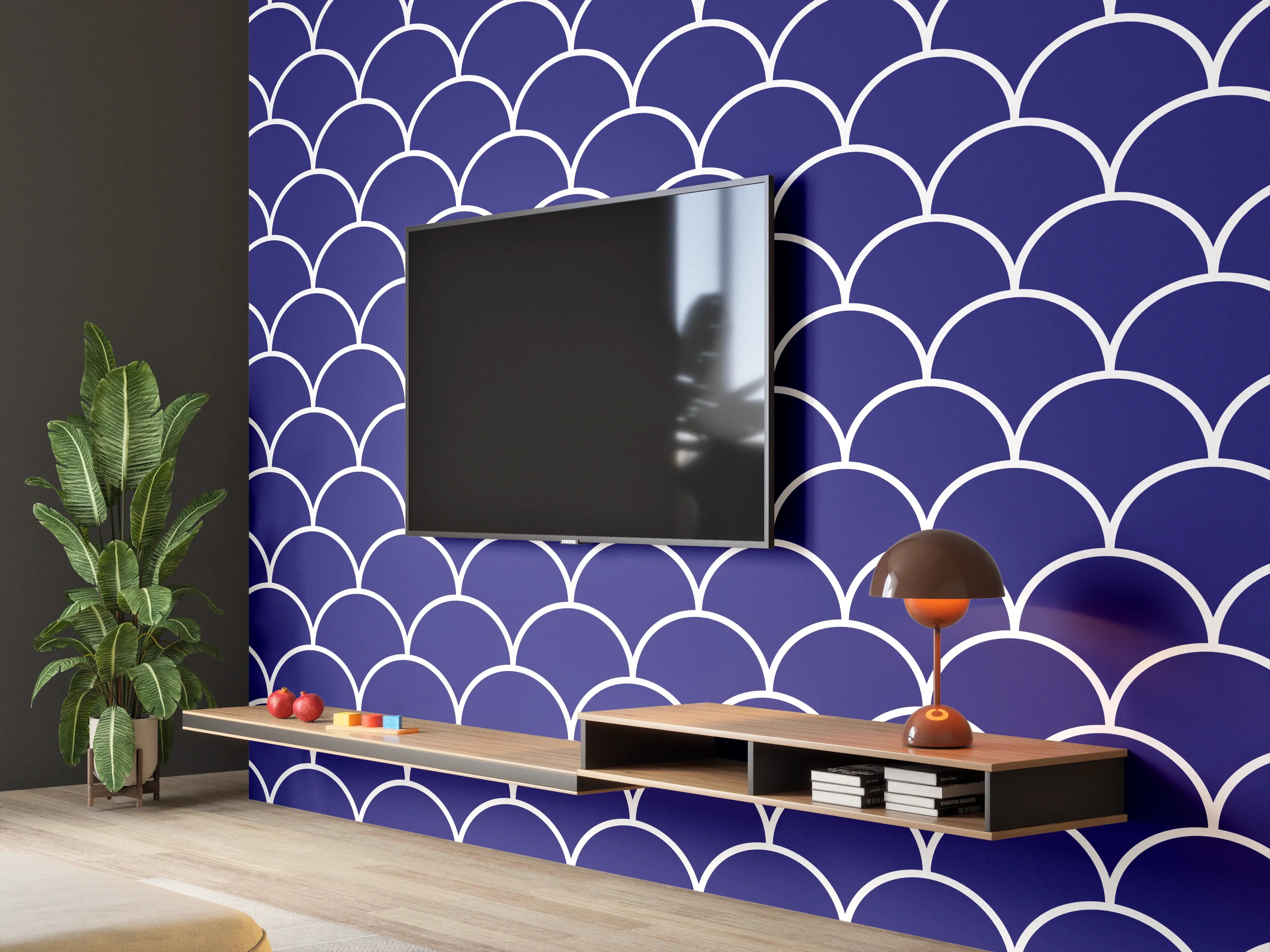 Wandverkleidung Wohnzimmer - Blaues Meeresmuster mit Schuppen-Optik