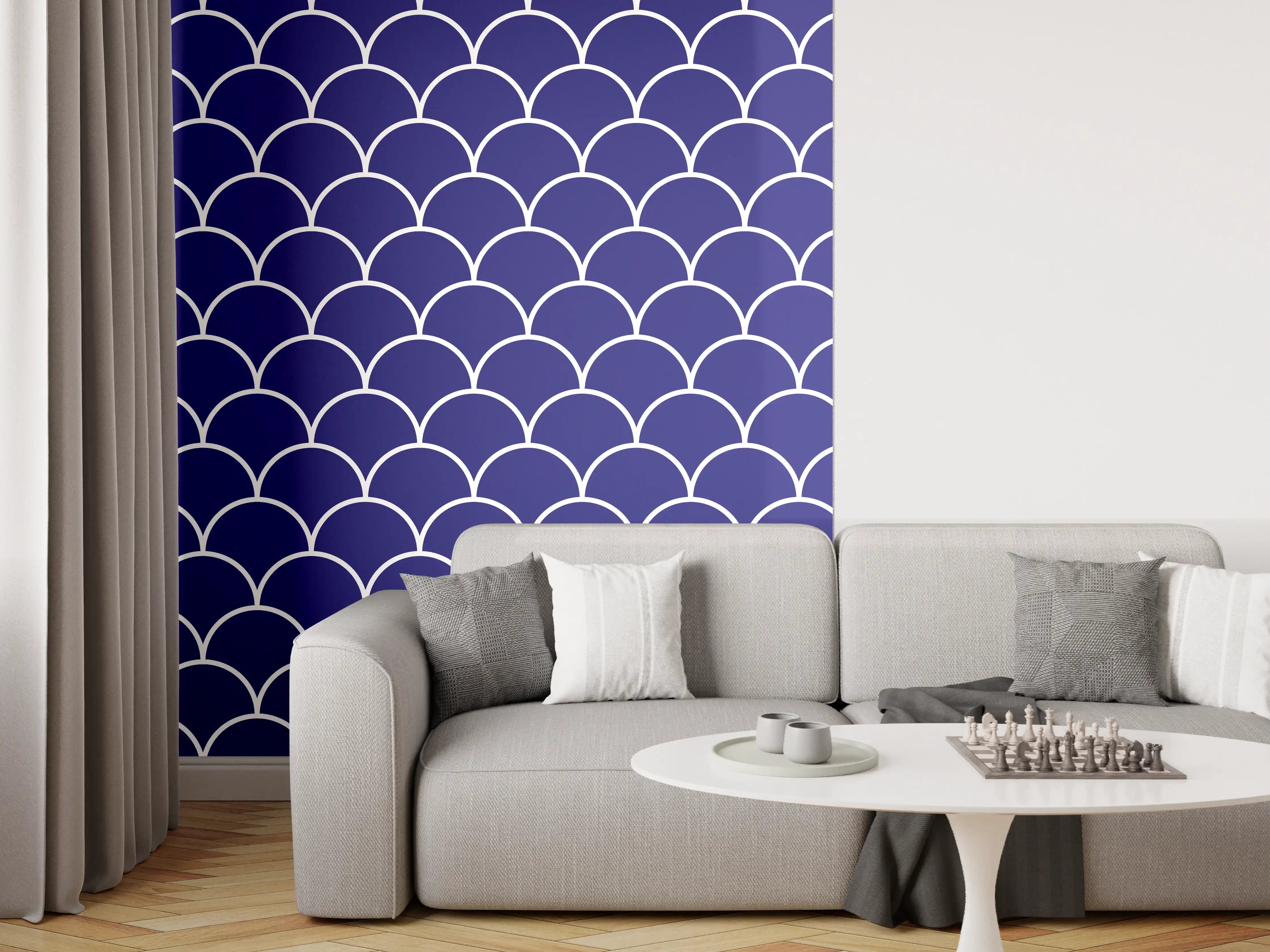 Wandverkleidung Wohnzimmer - Blaues Meeresmuster mit Schuppen-Optik