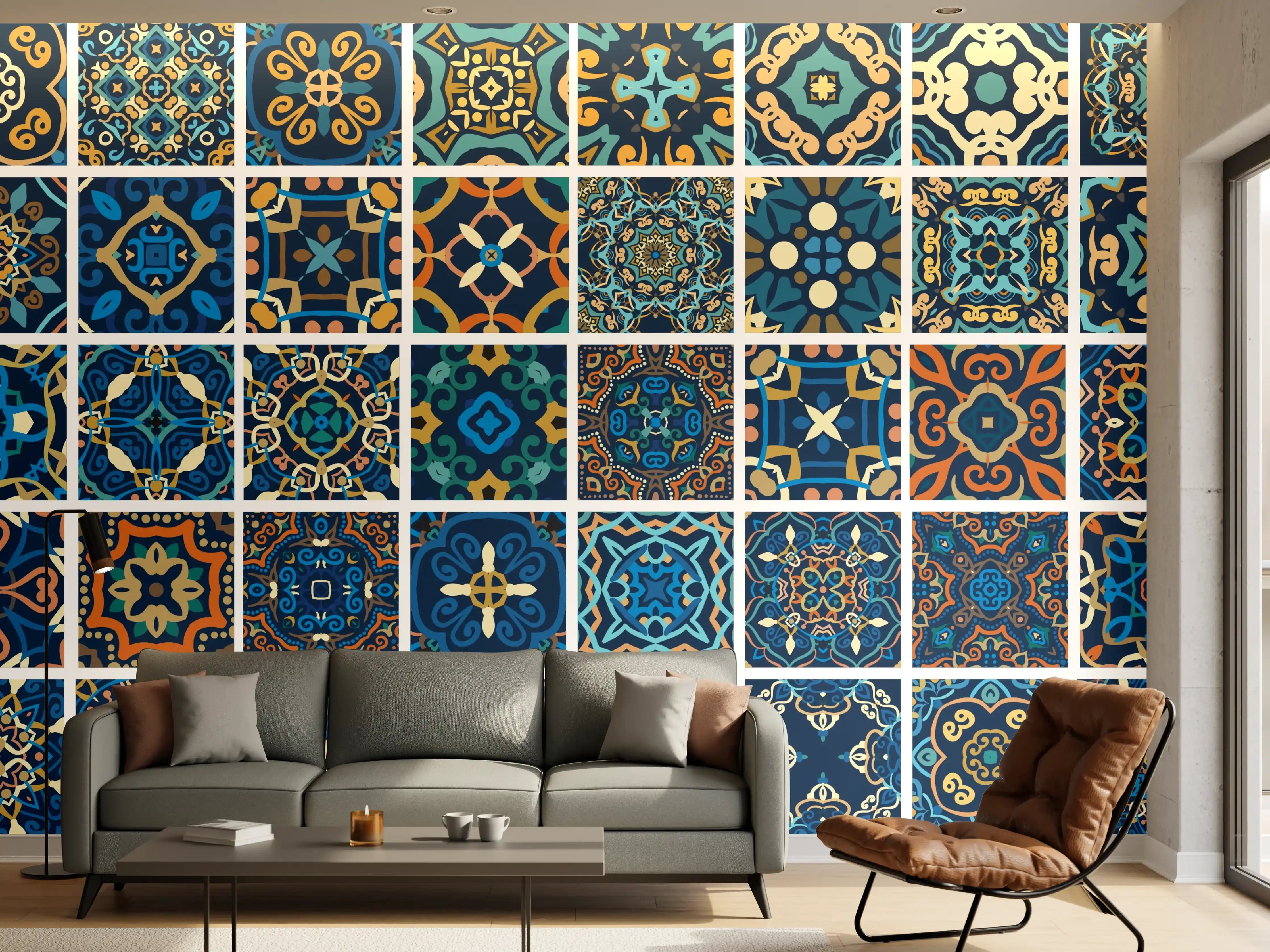 Wandverkleidung Wohnzimmer - Blaues Orientalisches Fliesenmuster
