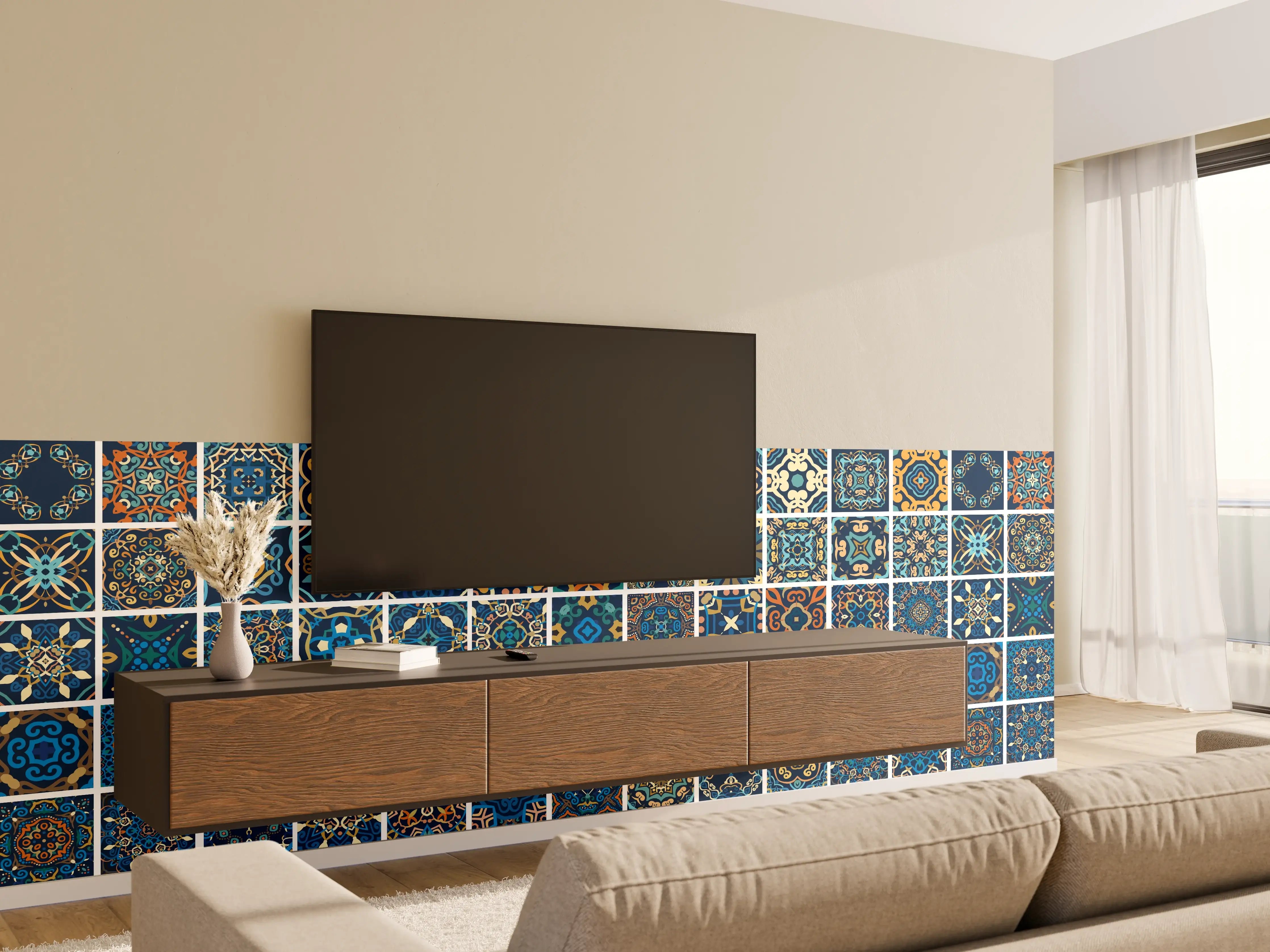 Wandverkleidung Wohnzimmer - Blaues Orientalisches Fliesenmuster