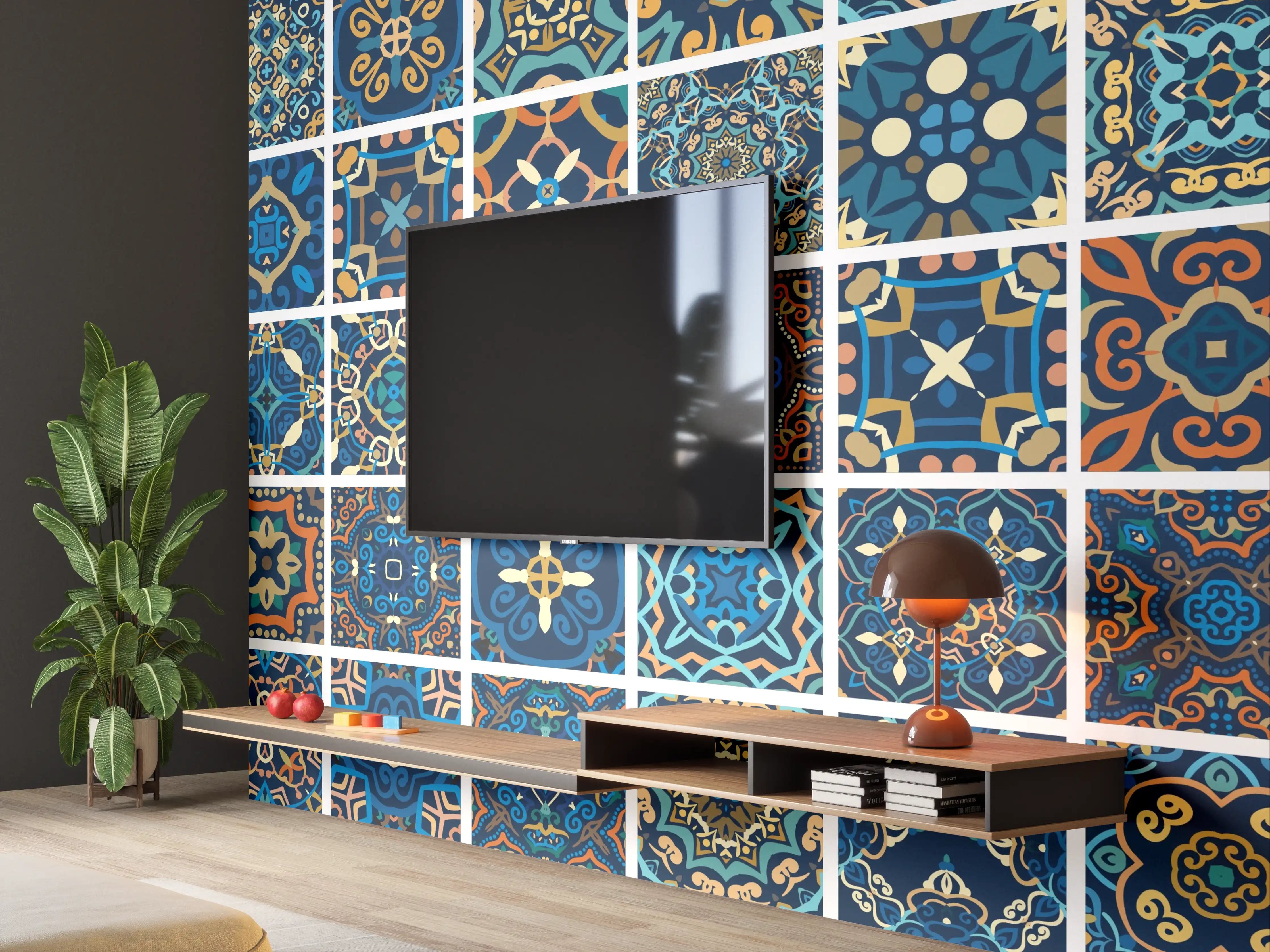 Wandverkleidung Wohnzimmer - Blaues Orientalisches Fliesenmuster