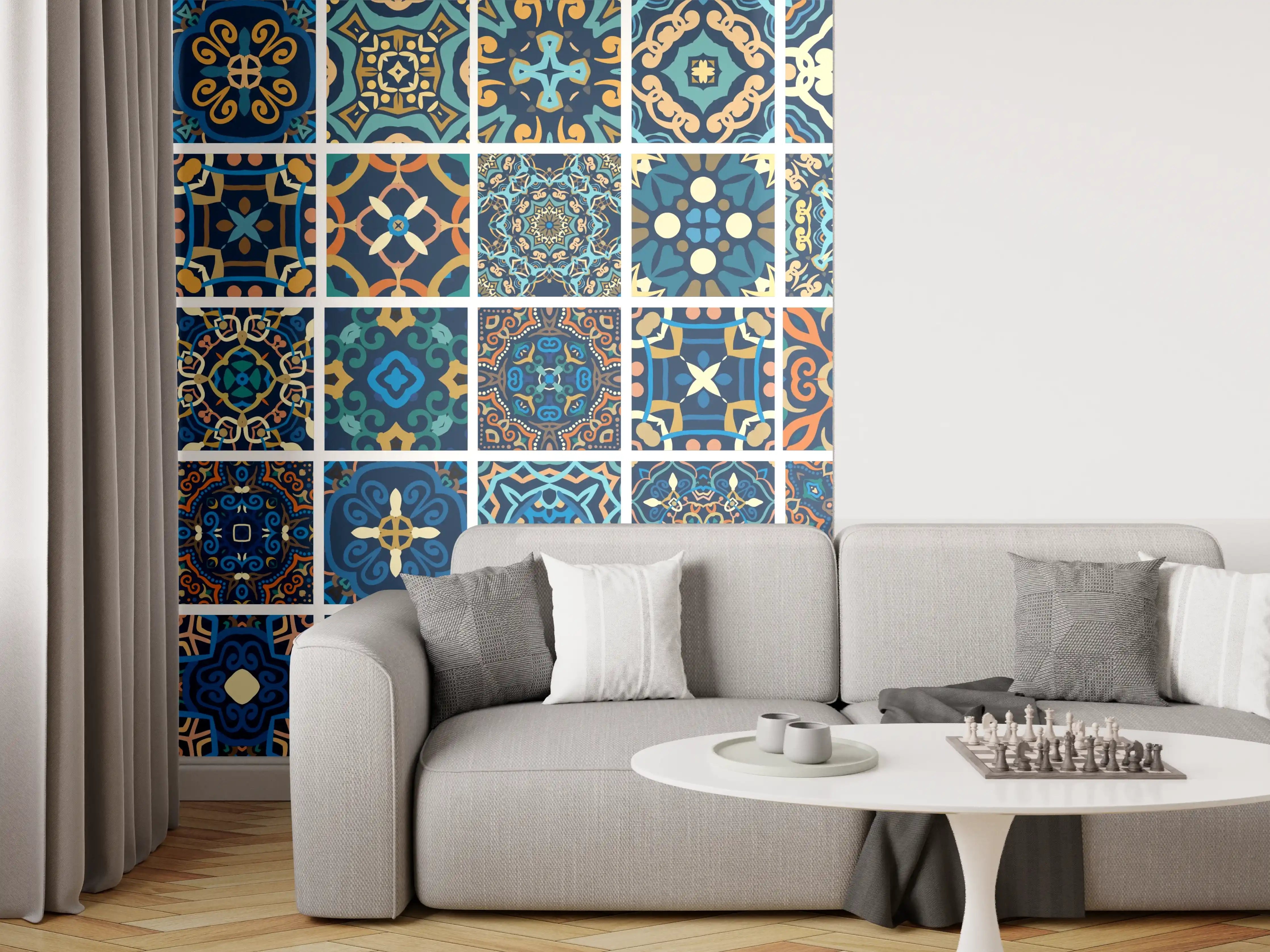 Wandverkleidung Wohnzimmer - Blaues Orientalisches Fliesenmuster