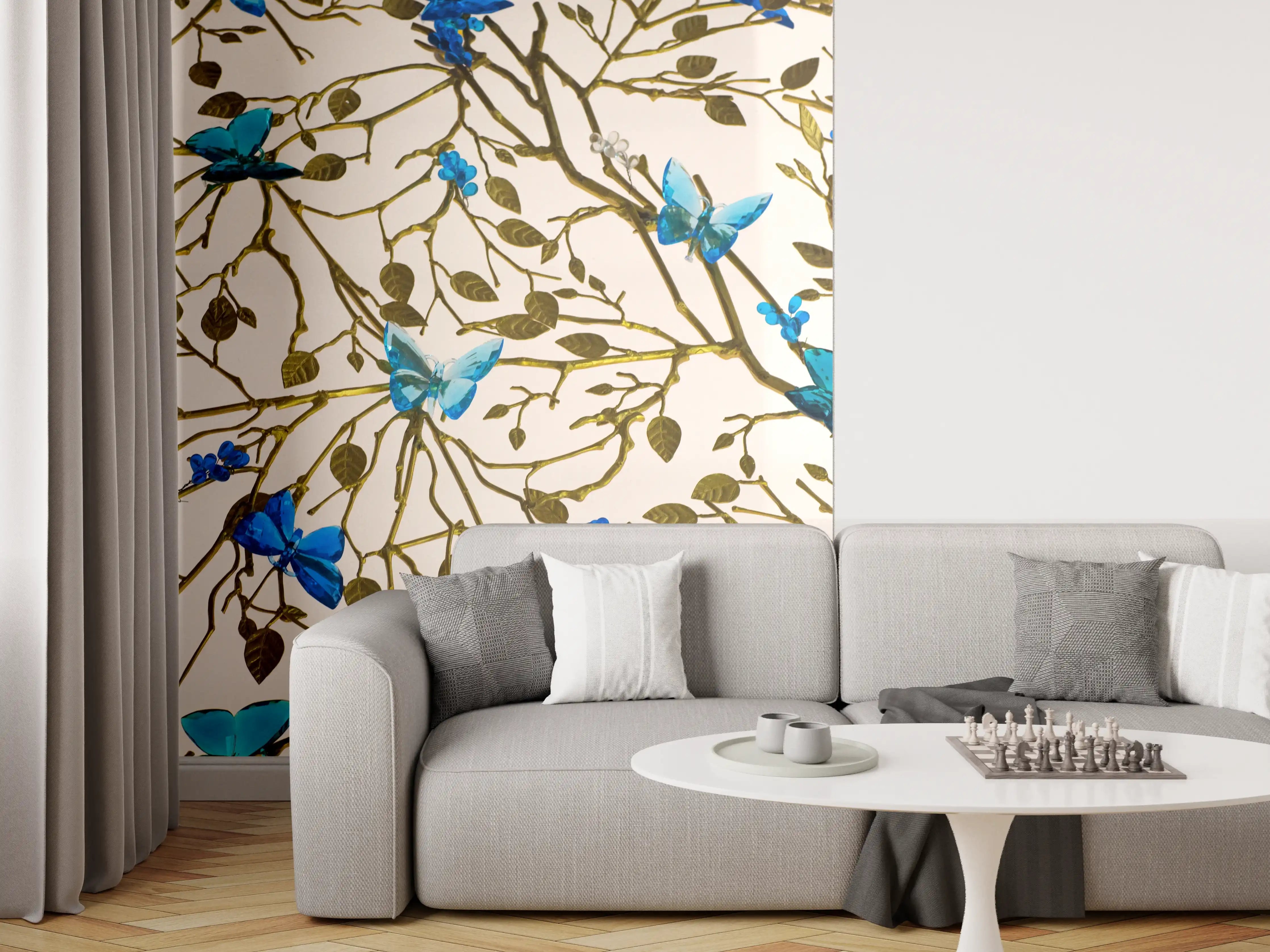 Wandverkleidung Wohnzimmer - Blaues Schmetterlingsmuster auf eleganter Oberfläche