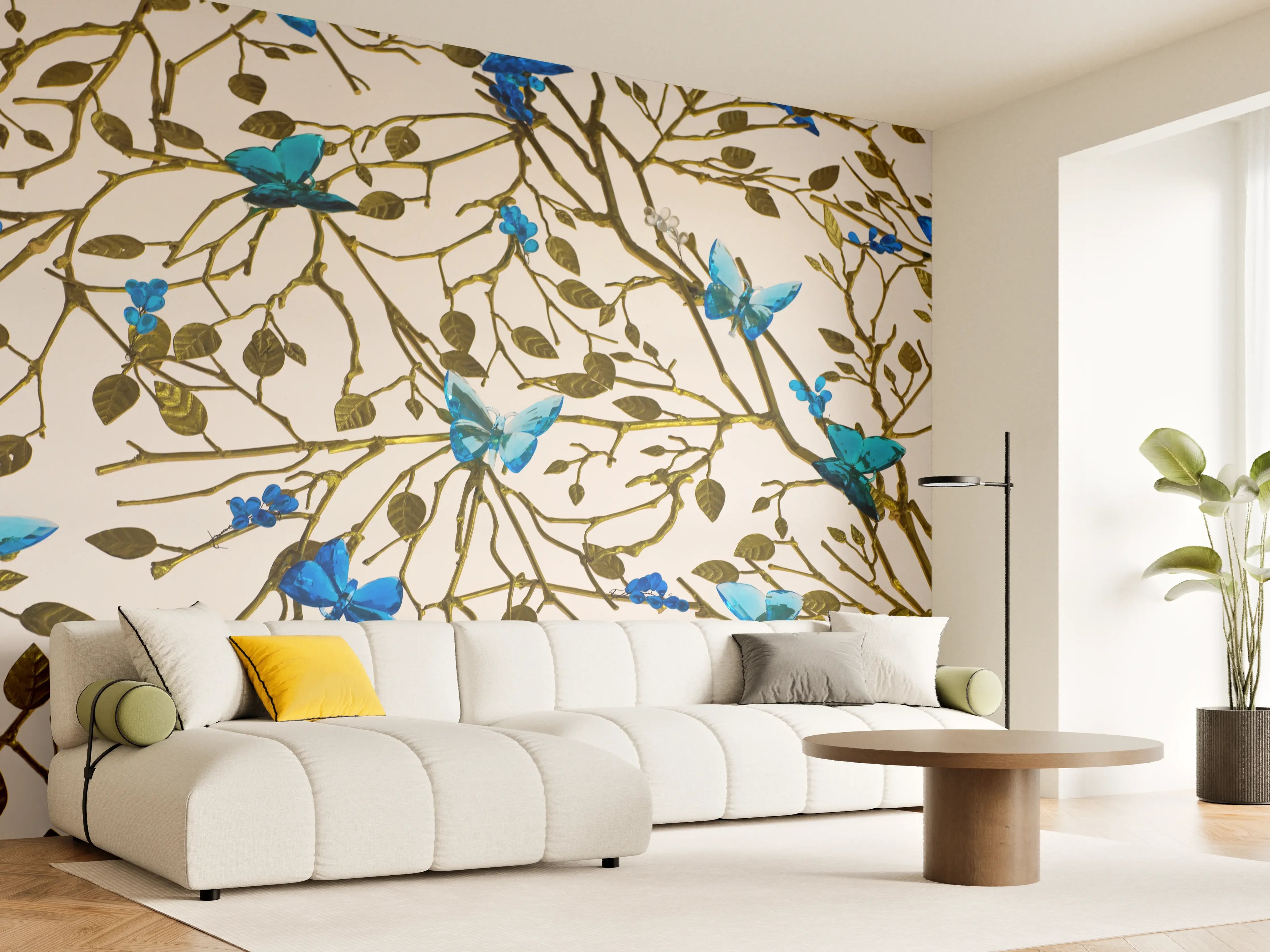 Wandverkleidung Wohnzimmer - Blaues Schmetterlingsmuster auf eleganter Oberfläche