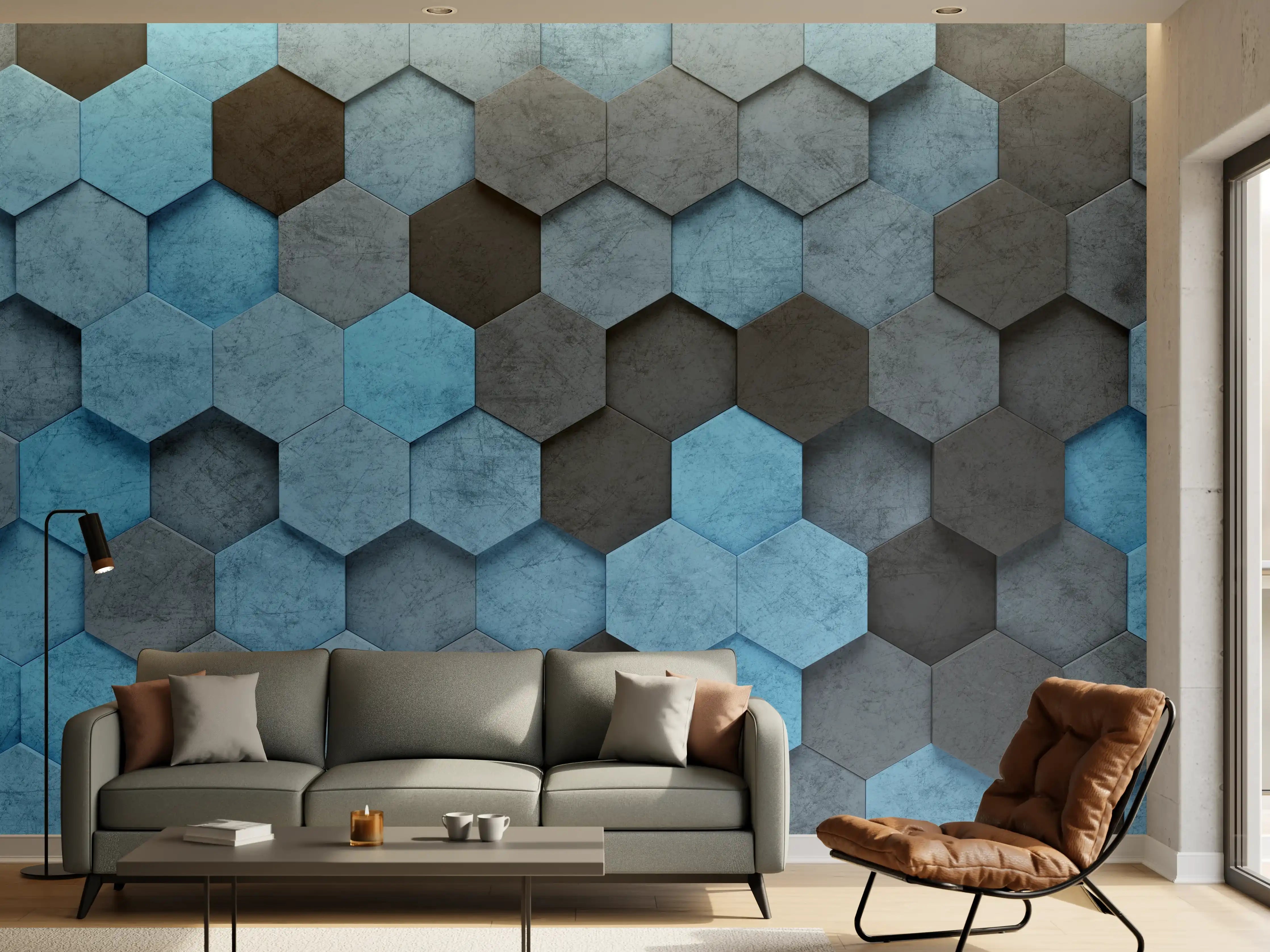 Wandverkleidung Wohnzimmer - Blaues Sechseck 3D Muster