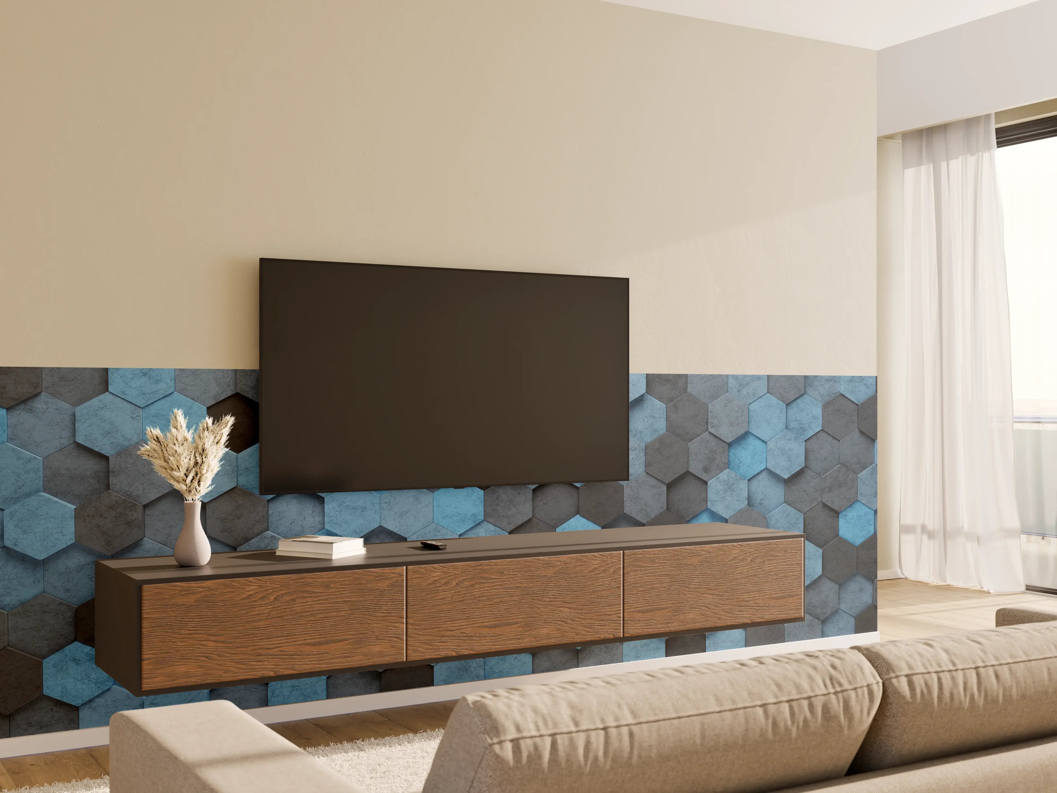 Wandverkleidung Wohnzimmer - Blaues Sechseck 3D Muster