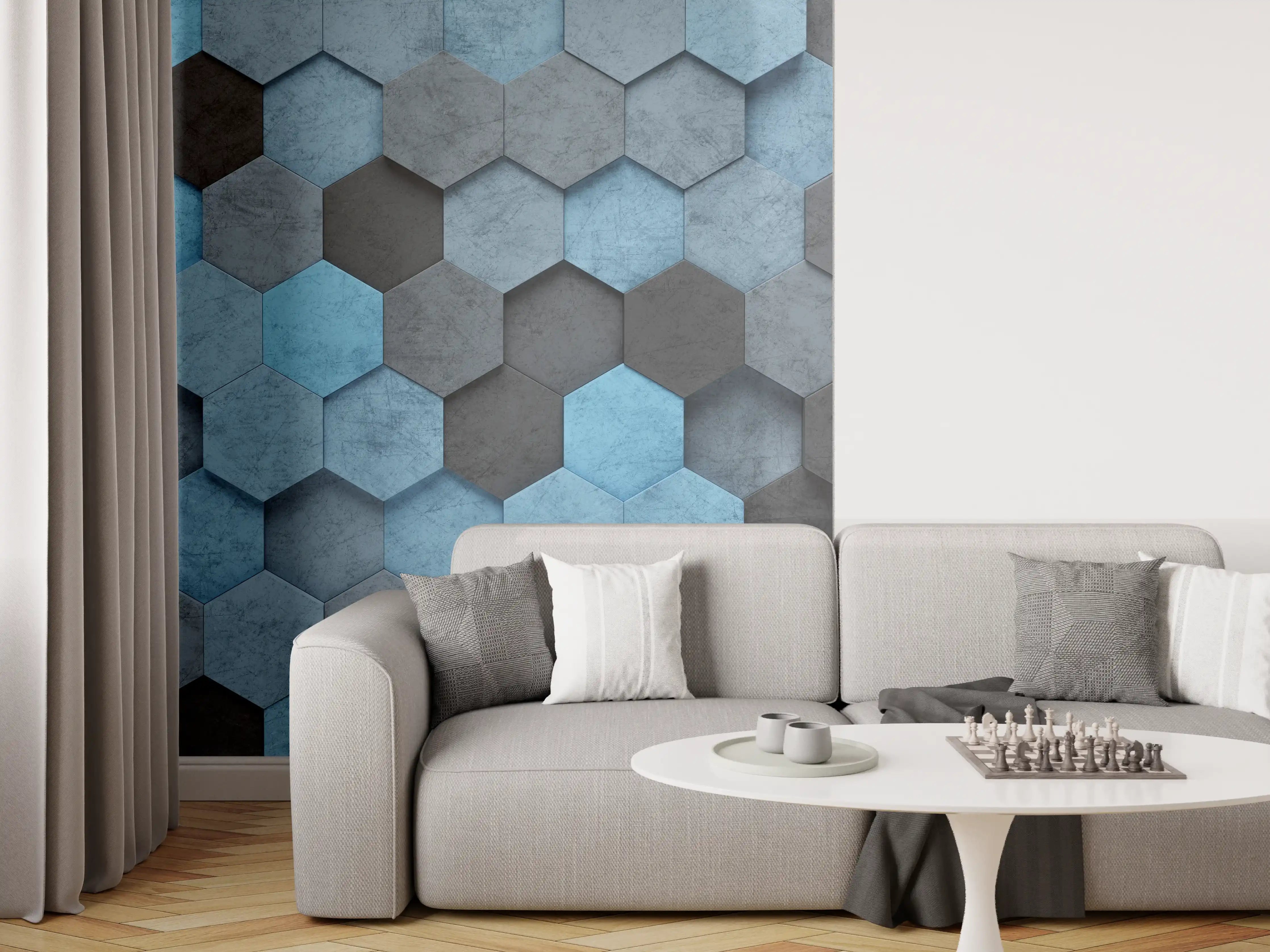 Wandverkleidung Wohnzimmer - Blaues Sechseck 3D Muster