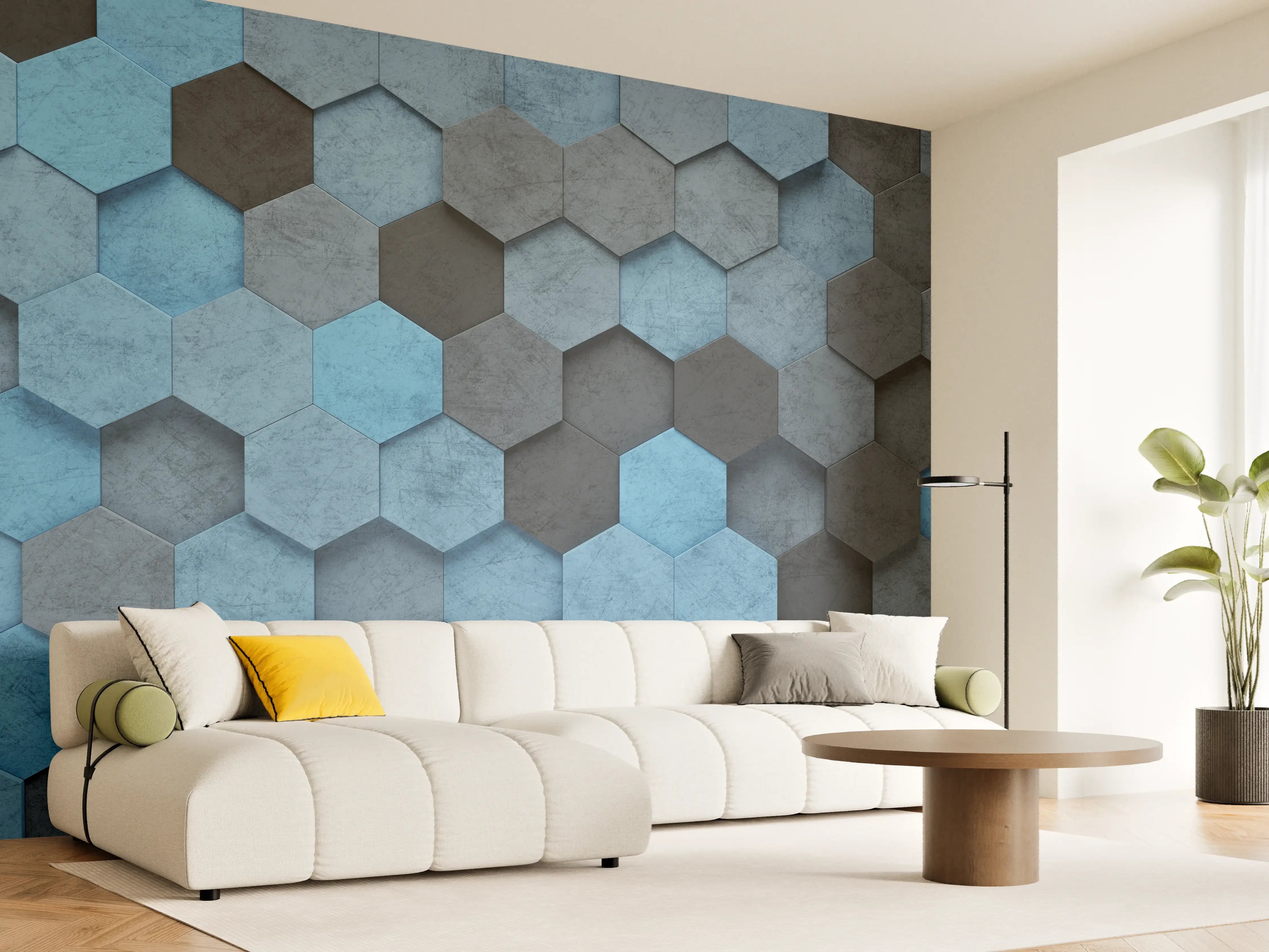 Wandverkleidung Wohnzimmer - Blaues Sechseck 3D Muster