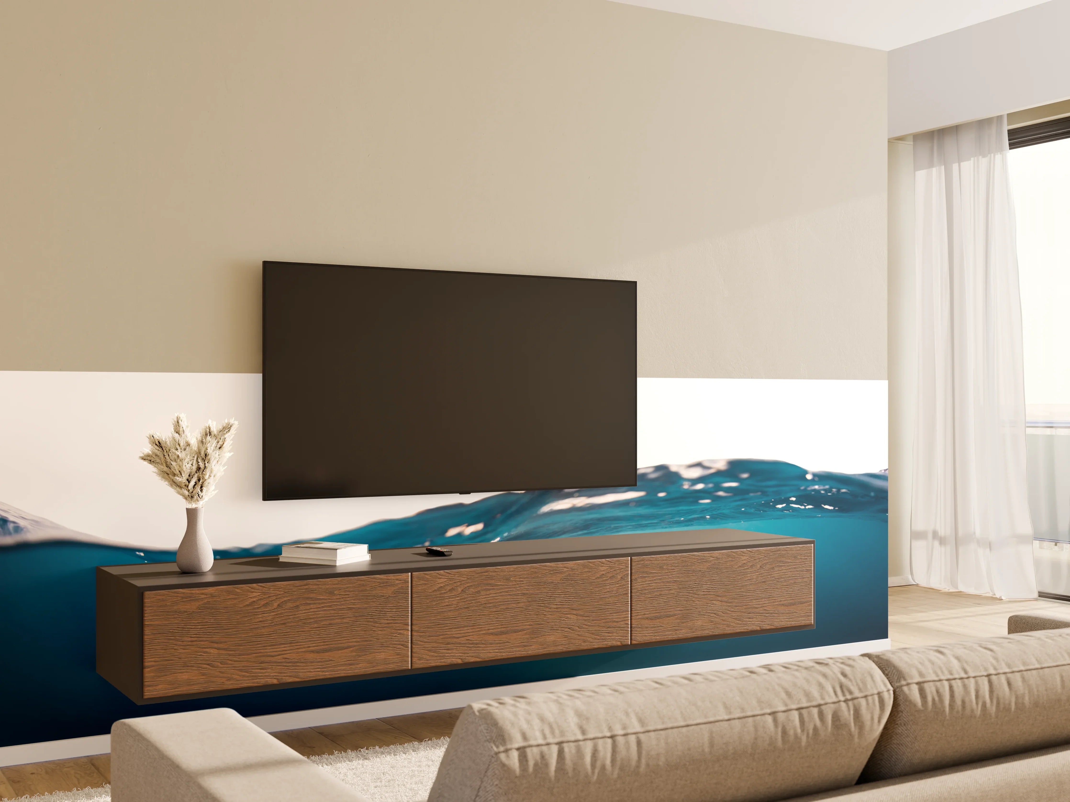 Wandverkleidung Wohnzimmer - Blaues Wasser mit Wellen