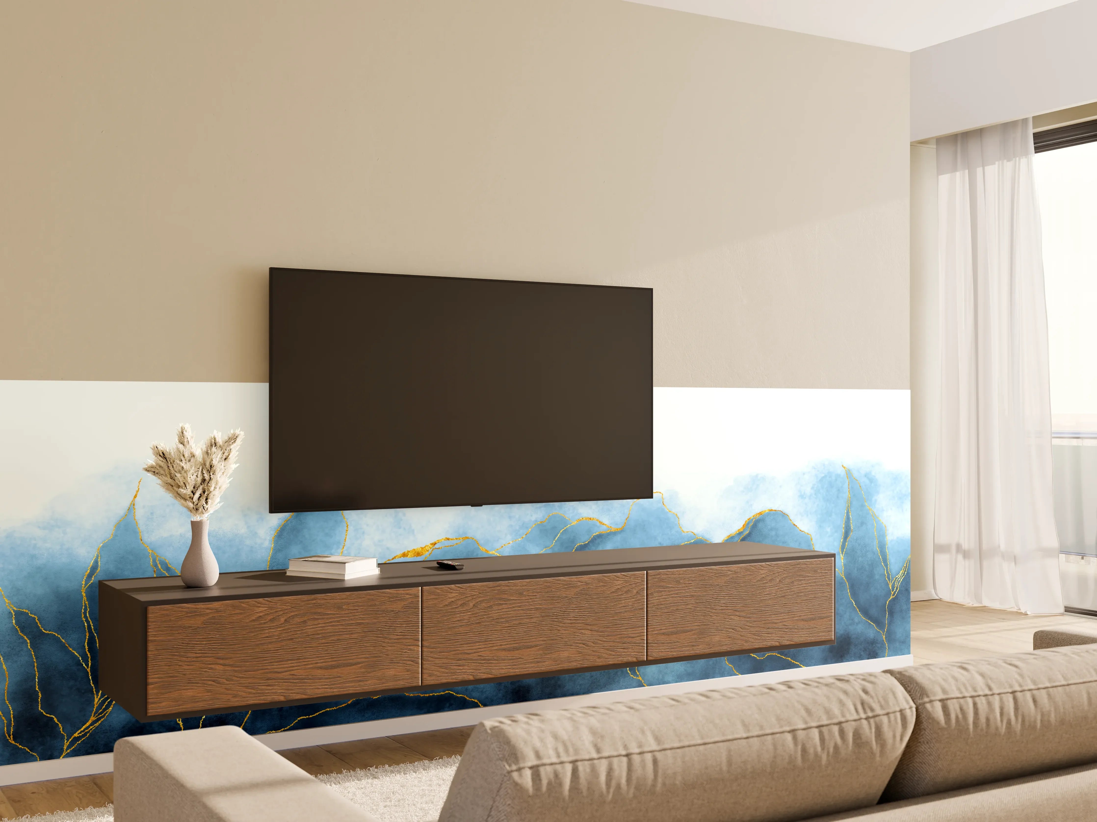 Wandverkleidung Wohnzimmer - Blaues Wasser mit goldenen Linien im minimalistischen Stil