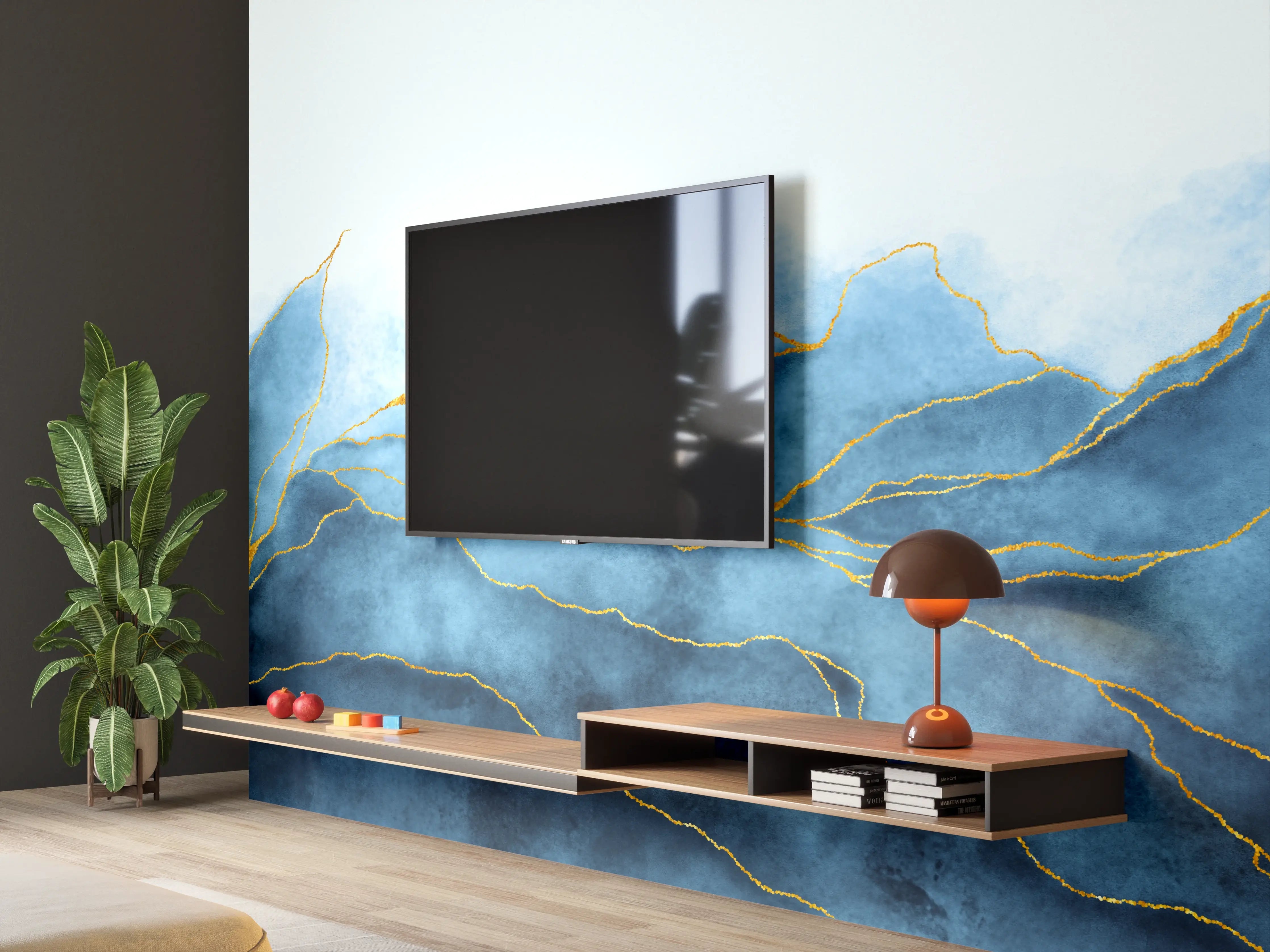 Wandverkleidung Wohnzimmer - Blaues Wasser mit goldenen Linien im minimalistischen Stil