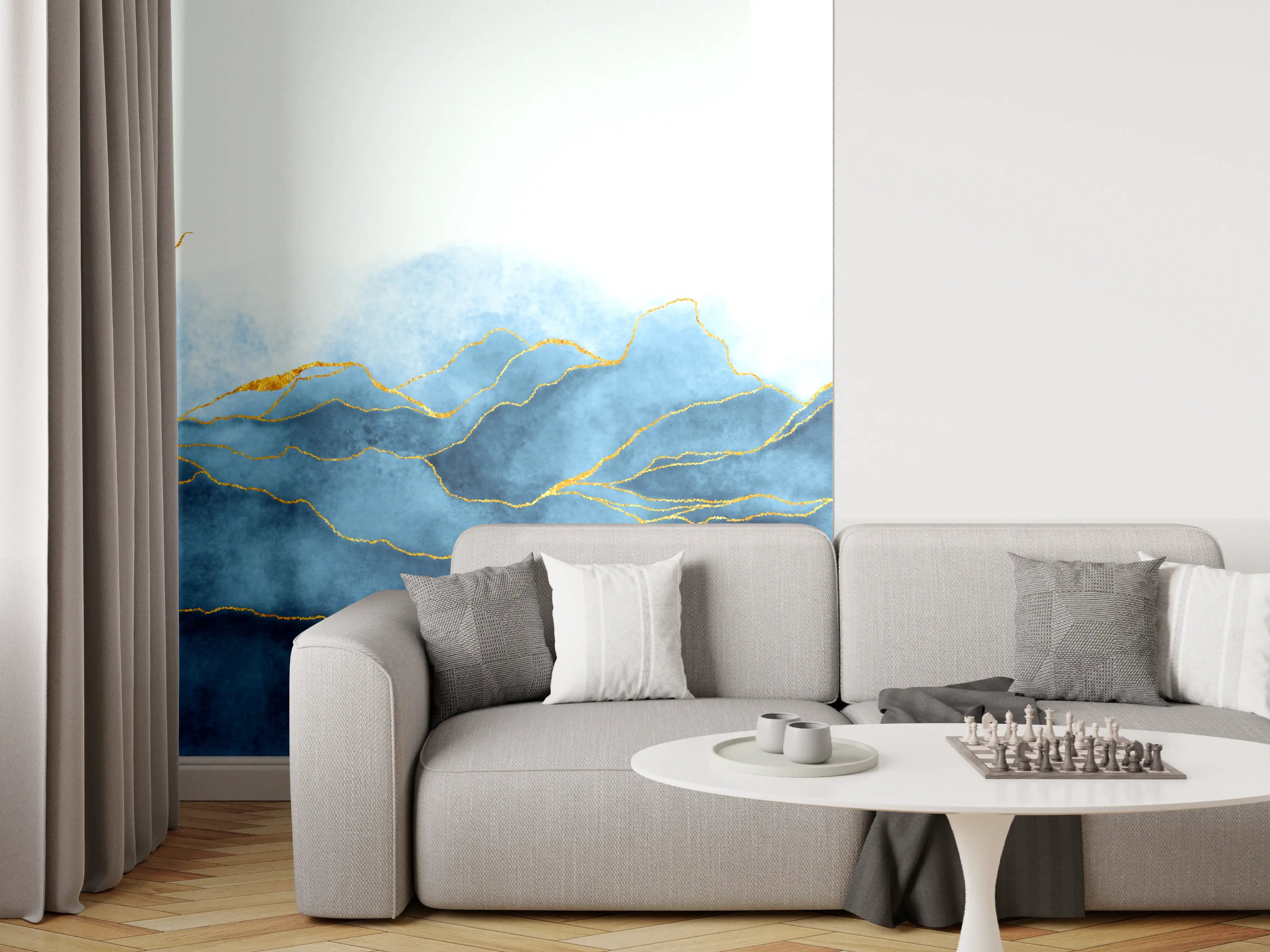Wandverkleidung Wohnzimmer - Blaues Wasser mit goldenen Linien im minimalistischen Stil