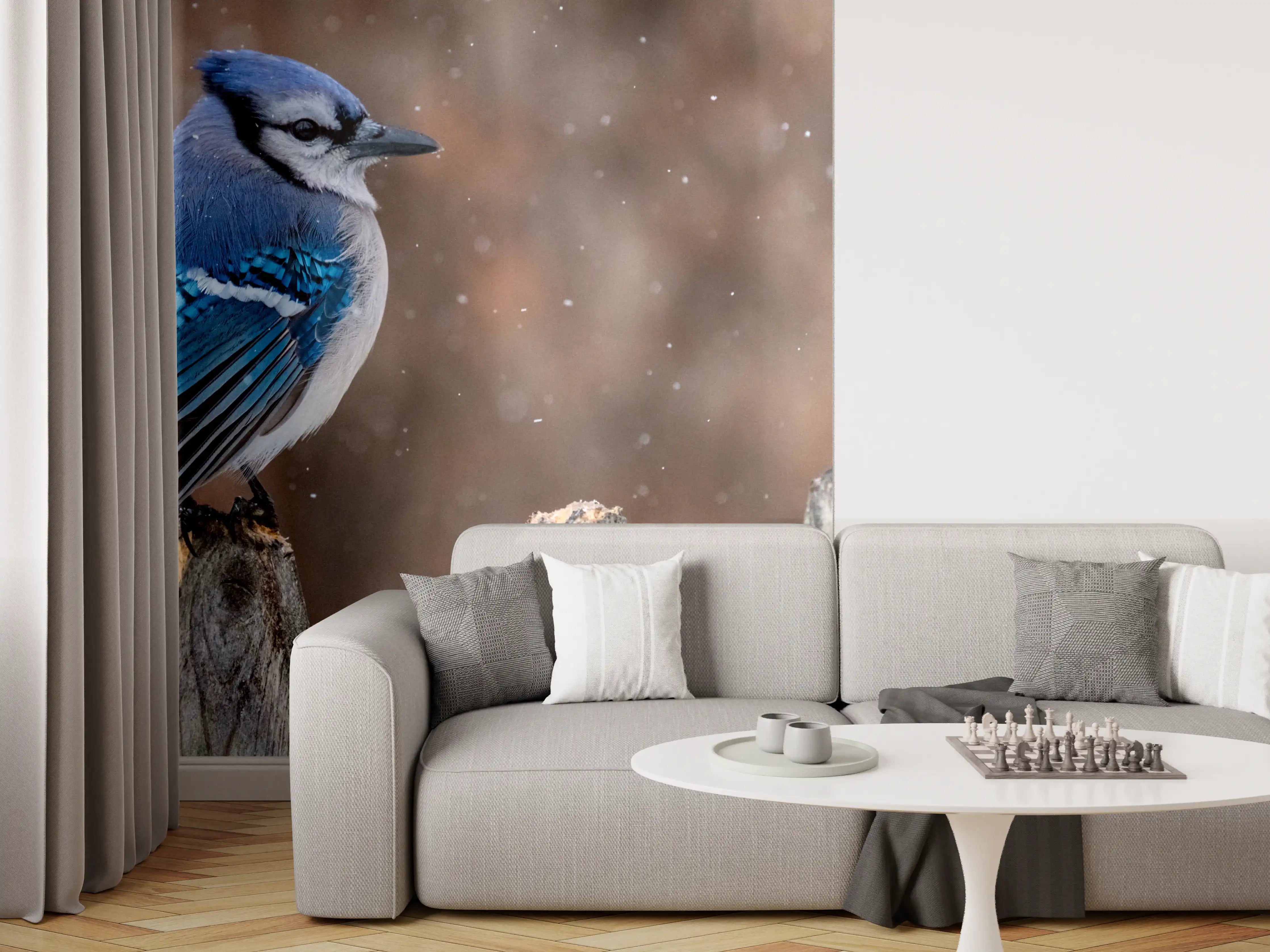 Wandverkleidung Wohnzimmer - Blauhäher im Schnee