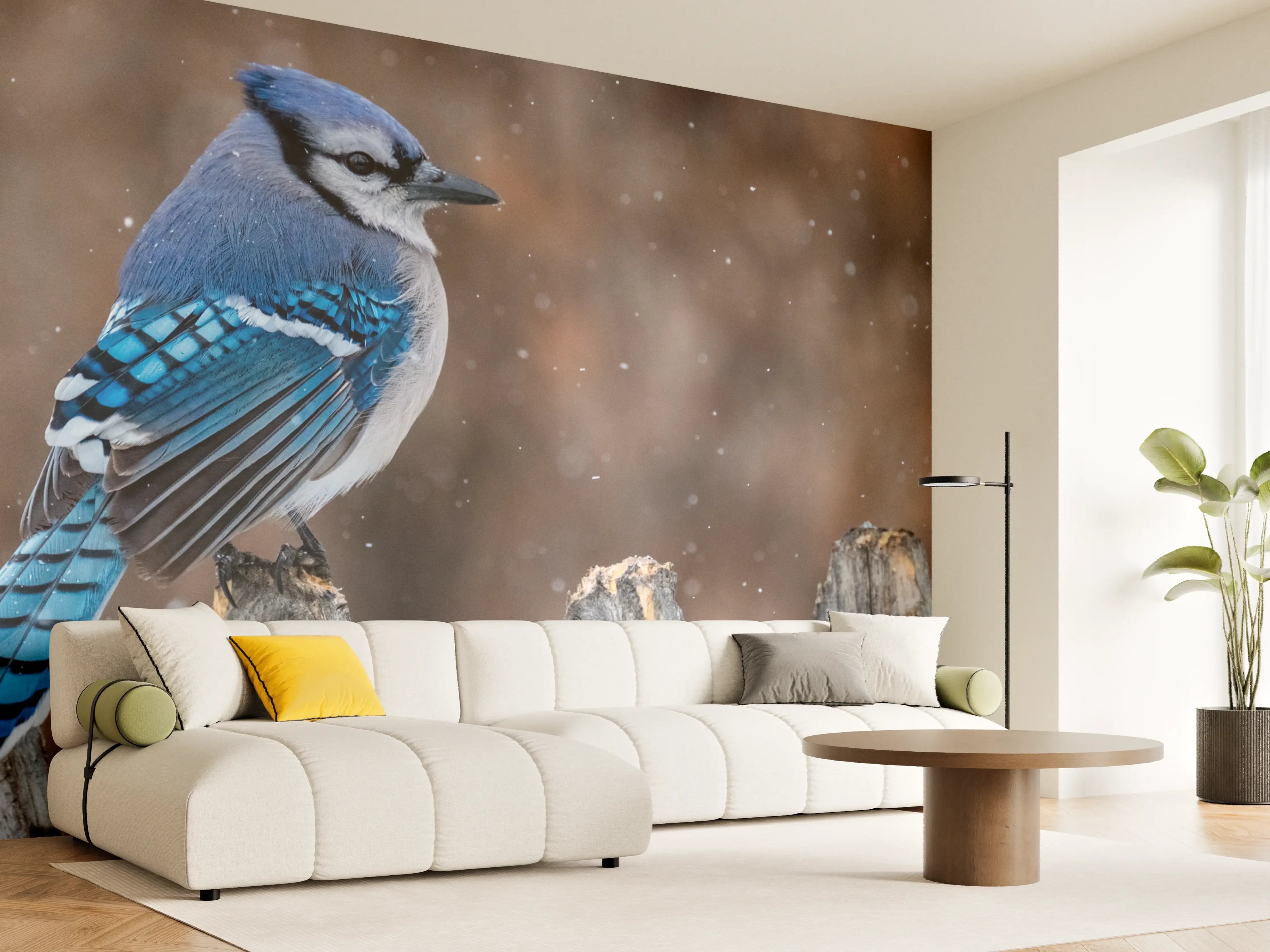 Wandverkleidung Wohnzimmer - Blauhäher im Schnee